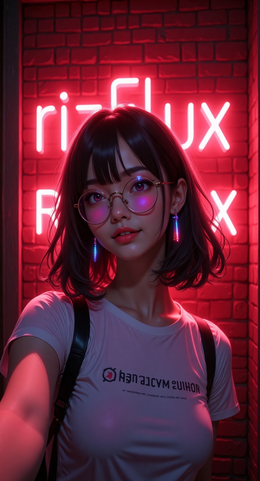 behind her big neon red light that read "rizFLUX Realist X",  a pov of taking an instagram selfie a cute woman,  againts s...