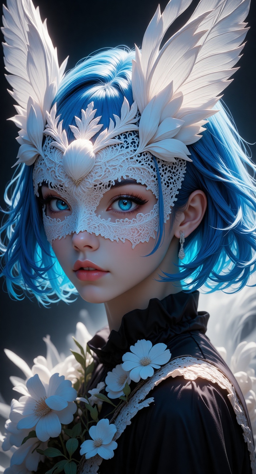 Prompt A captivating close-up captures the enchanting visage of a ravishing beauty,  bright blue eyes,  her porcelain-like...