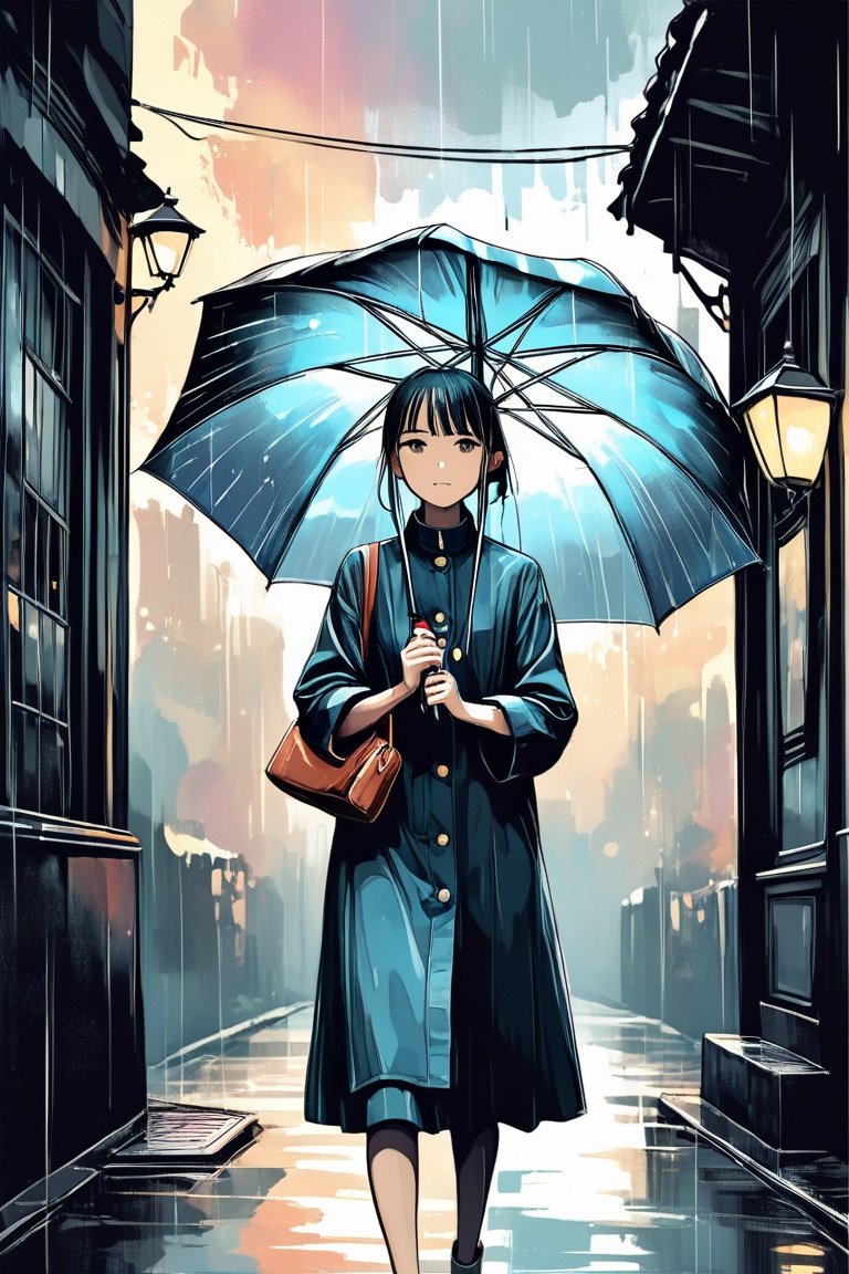 A lady holding a umbrella in the rain on Tensor.Art