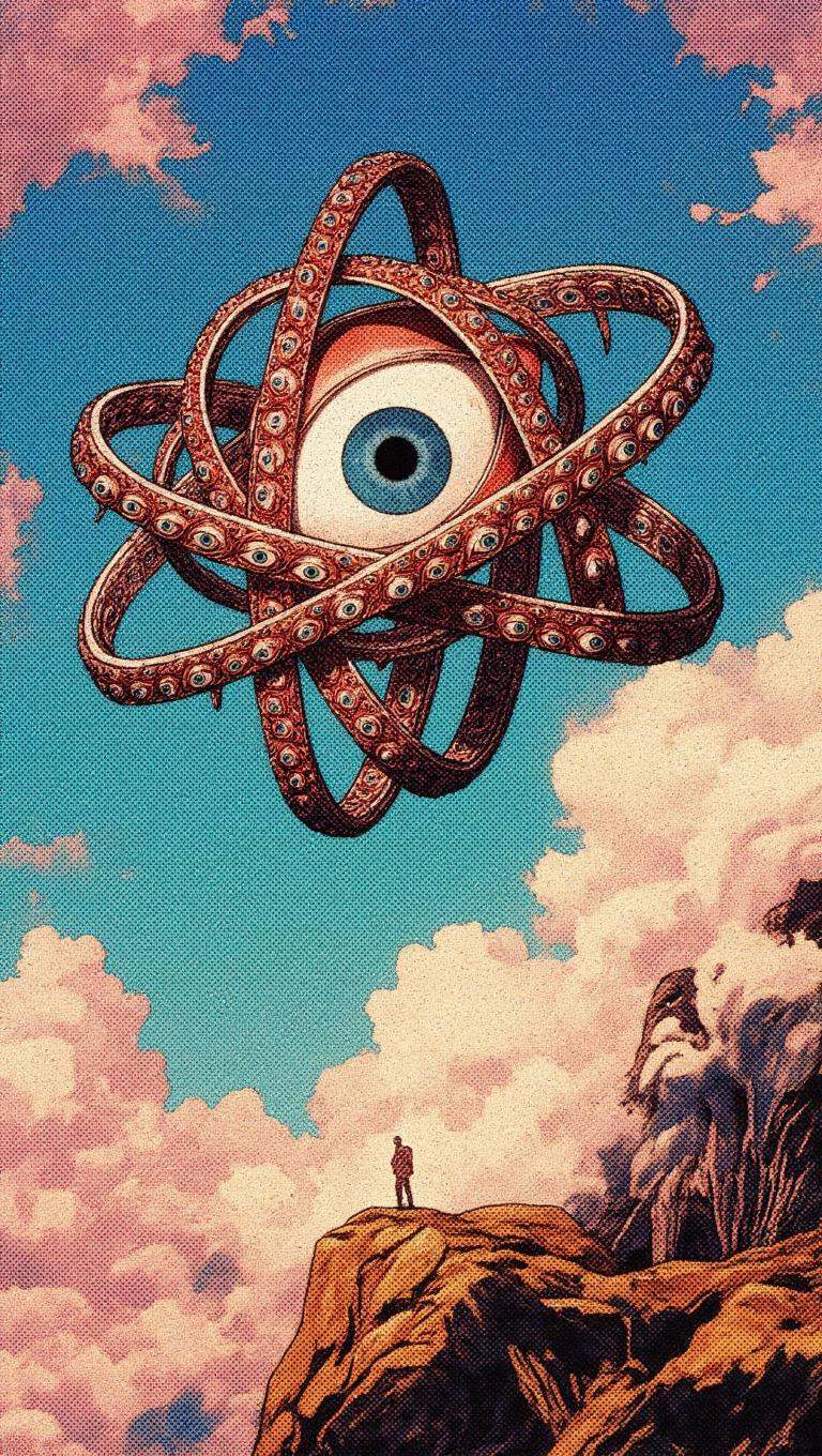 Ophanim has 4 wheels and one large eye in the middle and is floating in the sky,  retro anime style,  . on Tensor.Art