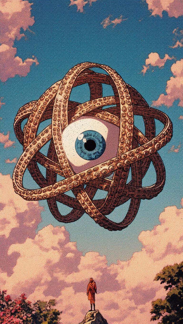 Ophanim has 4 wheels and one large eye in the middle and is floating in the sky,  retro anime style,  . on Tensor.Art