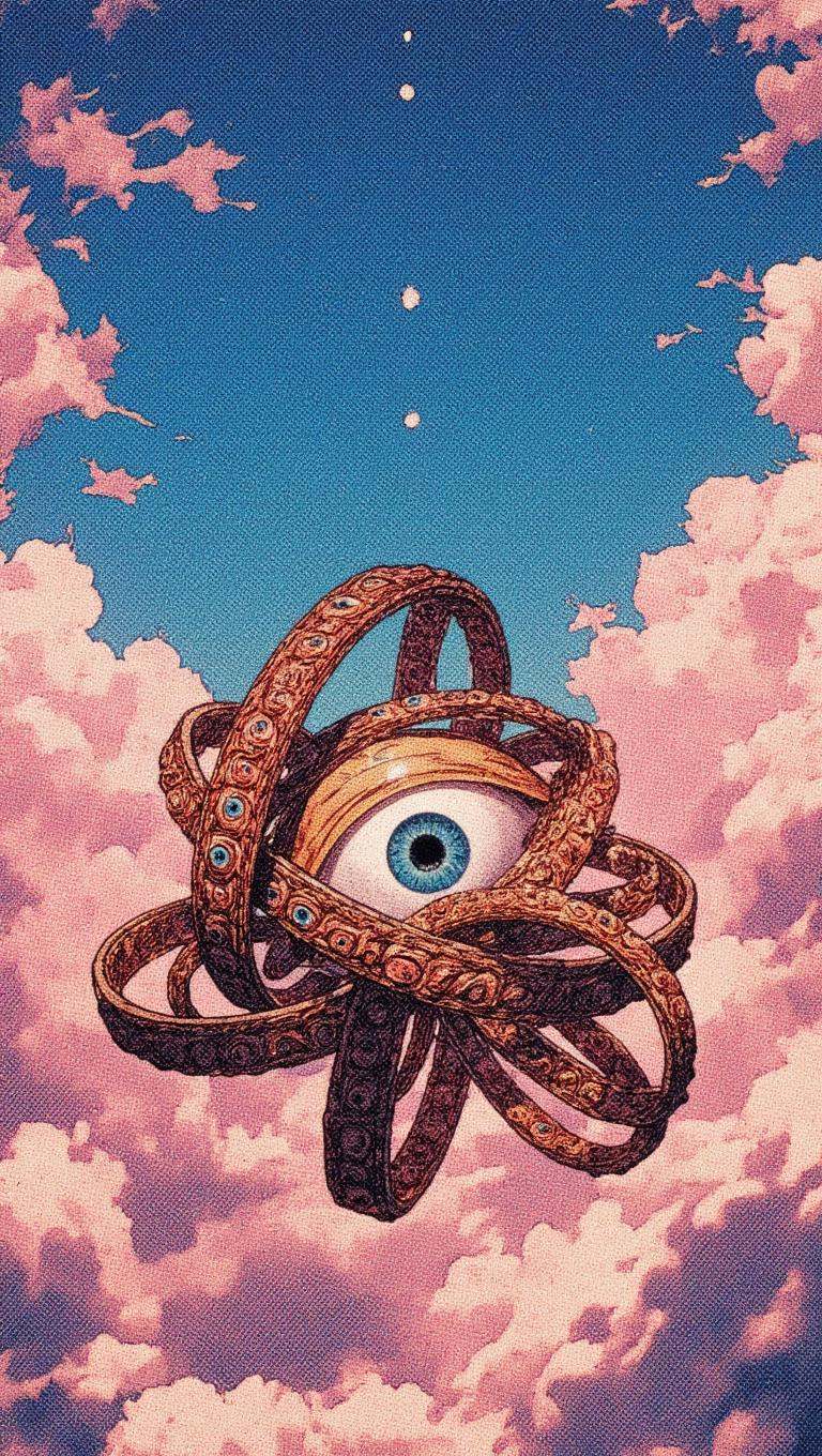 Ophanim has 4 wheels and one large eye in the middle and is floating in the sky,  retro anime style,  . on Tensor.Art