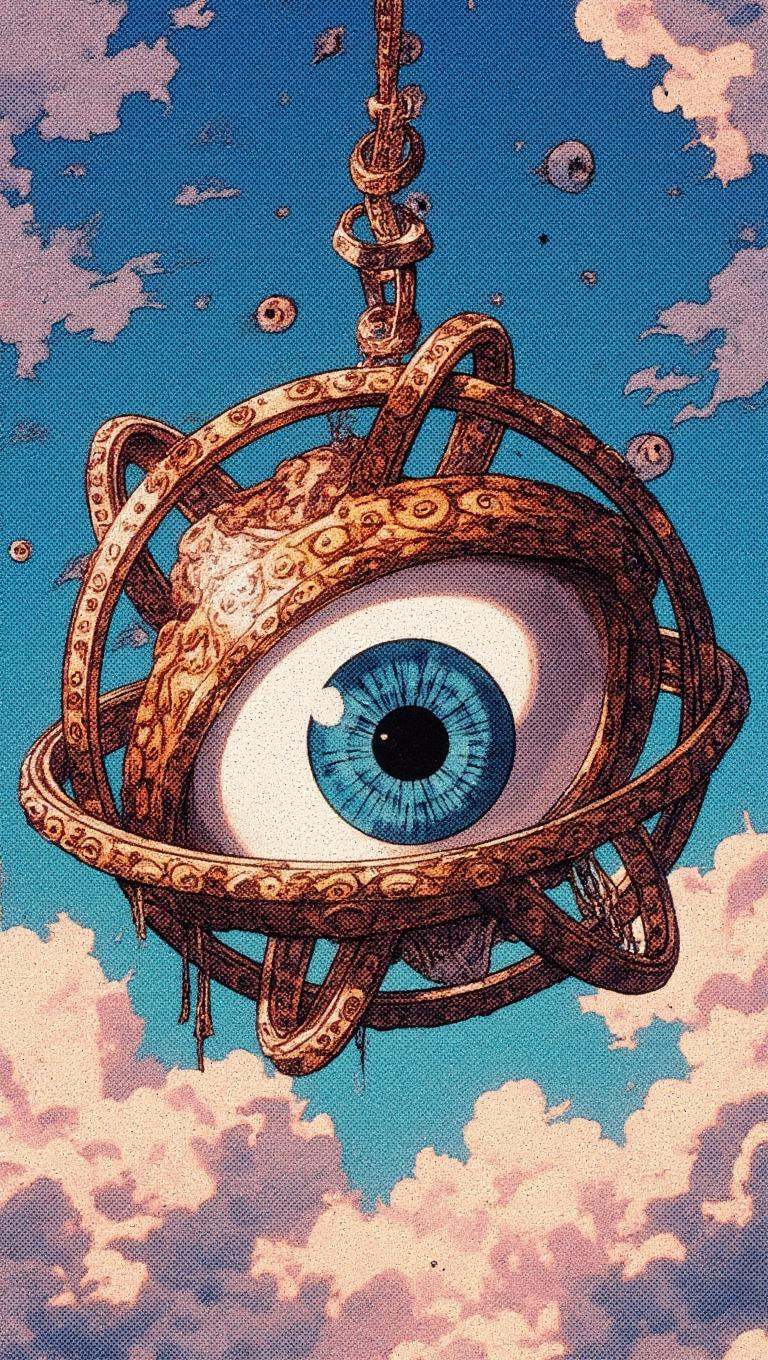 Ophanim has 4 wheels and one large eye in the middle and is floating in the sky,  retro anime style,  . on Tensor.Art