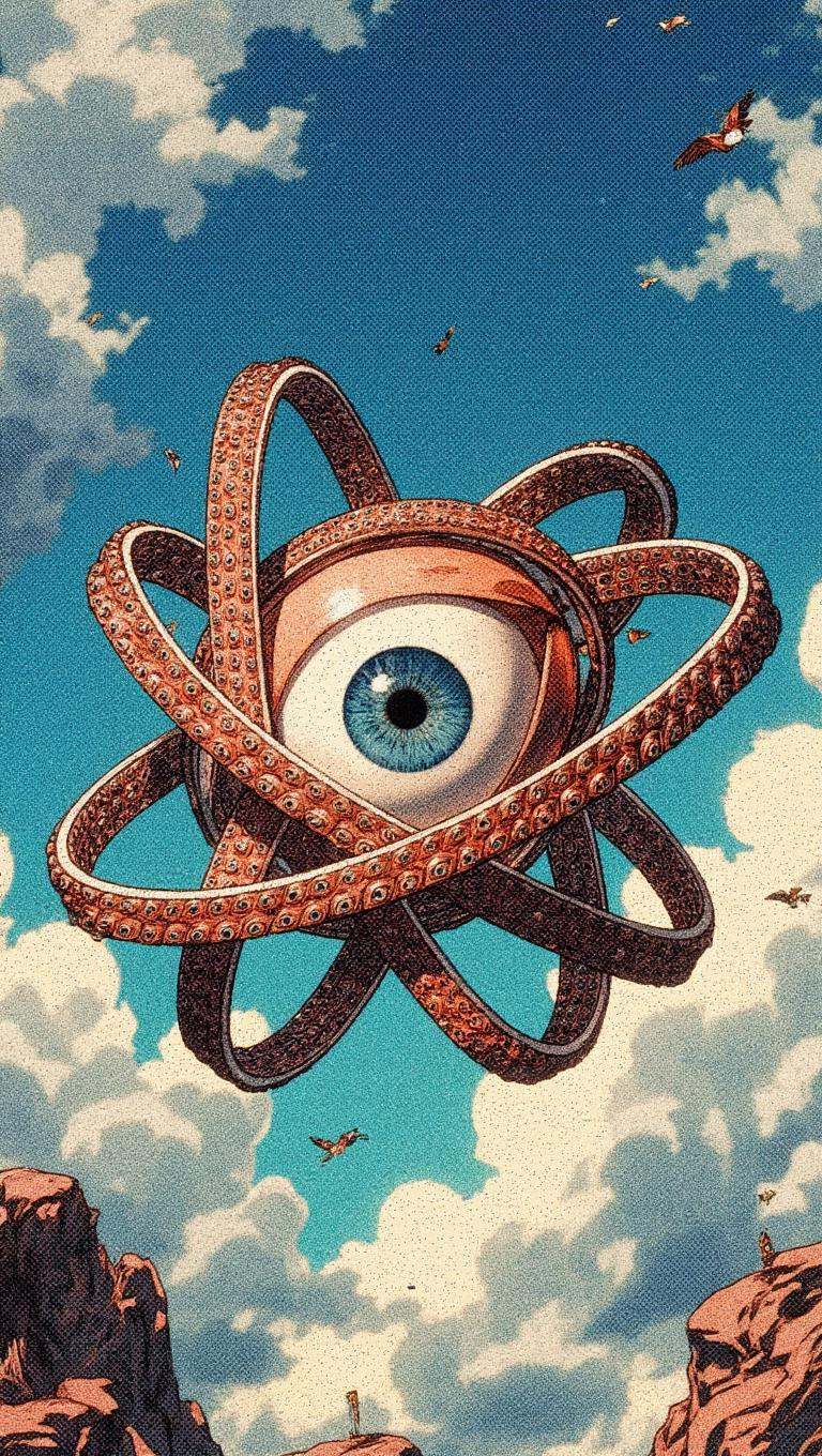 Ophanim has 4 wheels and one large eye in the middle and is floating in the sky,  retro anime style,  . on Tensor.Art