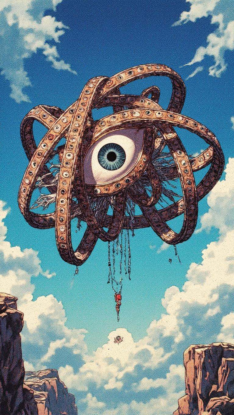 Ophanim has 4 wheels and one large eye in the middle and is floating in the sky,  retro anime style,  . on Tensor.Art