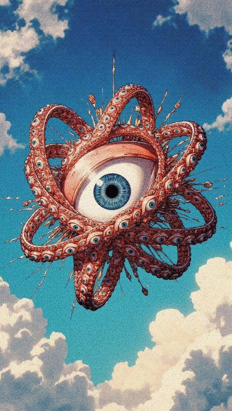 Ophanim has 4 wheels and one large eye in the middle and is floating in the sky,  retro anime style,  . on Tensor.Art
