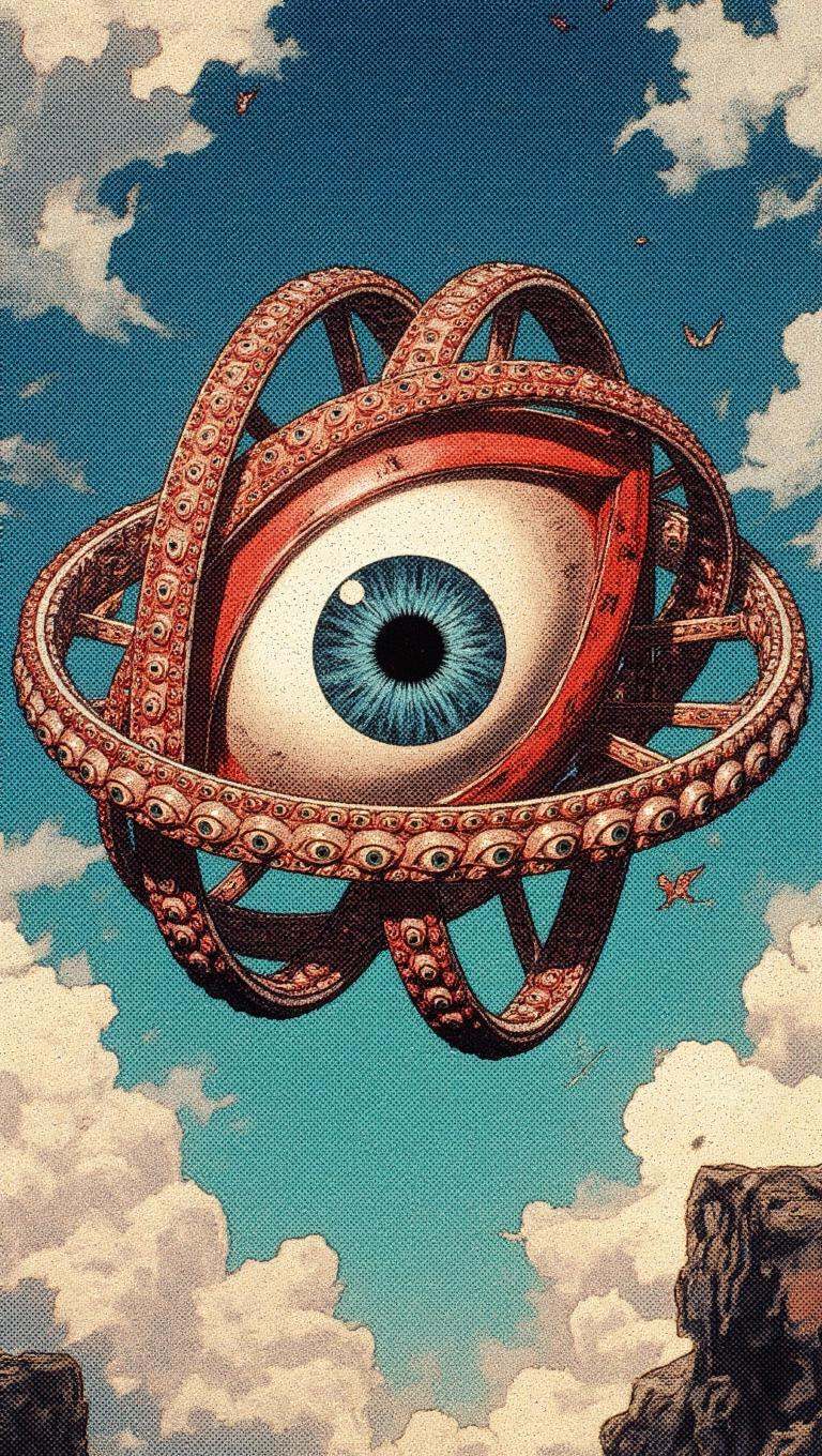 Ophanim has 4 wheels and one large eye in the middle and is floating in the sky,  retro anime style,  . on Tensor.Art