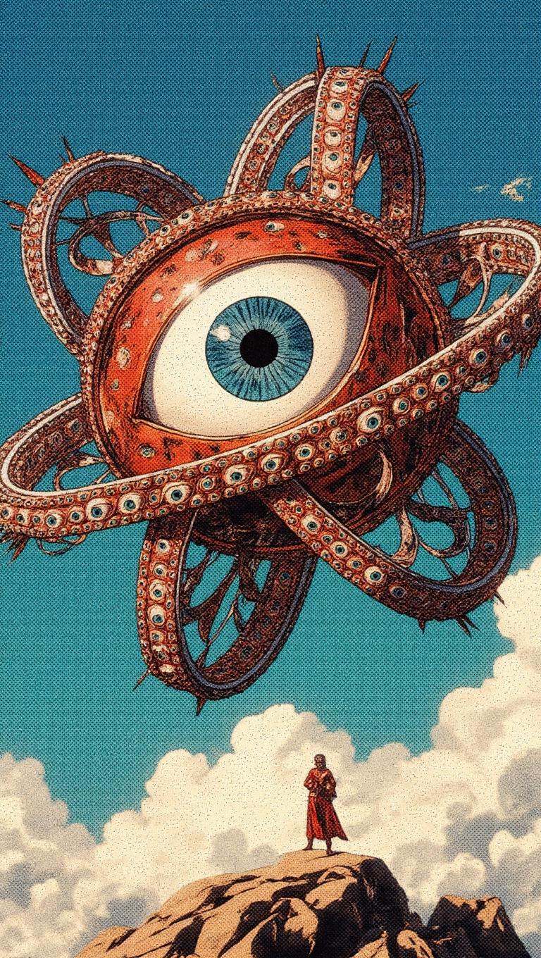 Ophanim has 4 wheels and one large eye in the middle and is floating in the sky,  retro anime style,  . on Tensor.Art