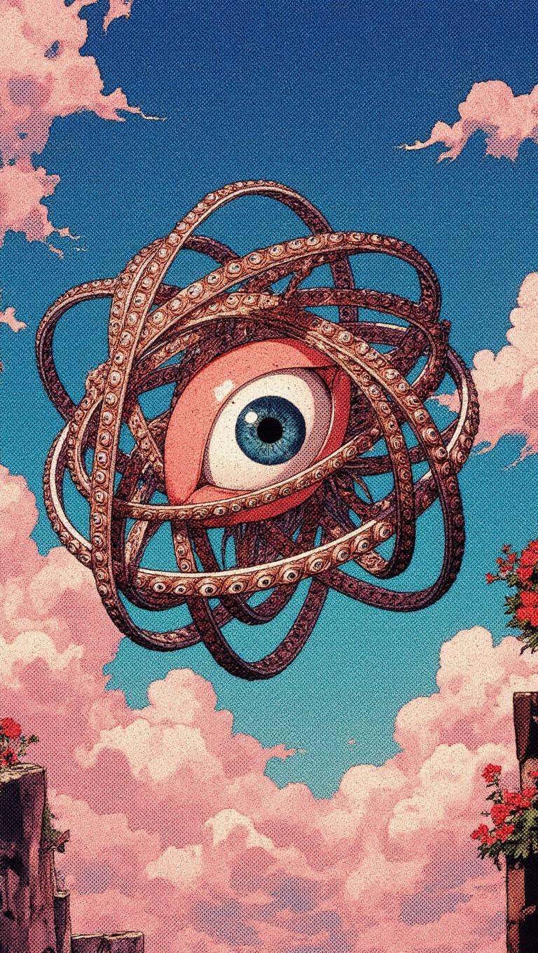 Ophanim has 4 wheels and one large eye in the middle and is floating in the sky,  retro anime style,  . on Tensor.Art
