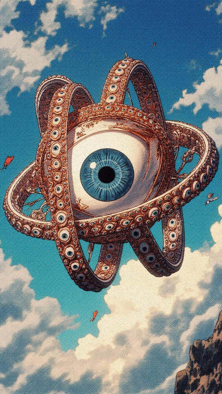 Ophanim has 4 wheels and one large eye in the middle and is floating in the sky,  retro anime style,  . on Tensor.Art