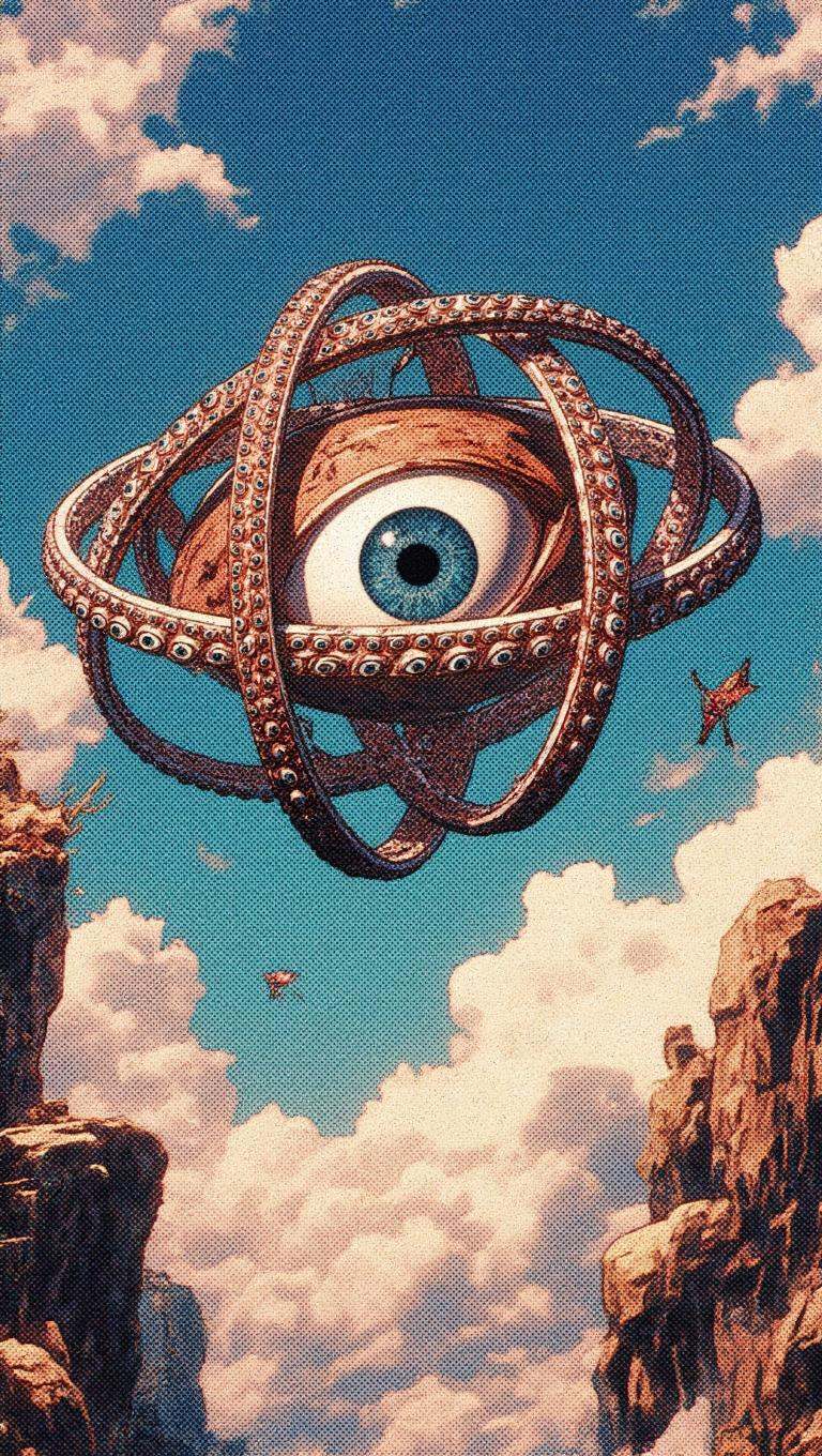 Ophanim has 4 wheels and one large eye in the middle and is floating in the sky,  retro anime style,  . on Tensor.Art