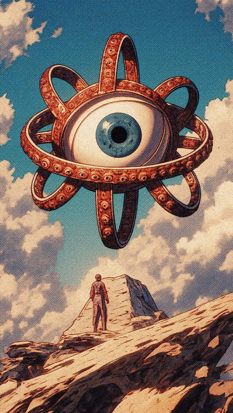 Ophanim has 4 wheels and one large eye in the middle and is floating in the sky,  retro anime style,  . on Tensor.Art