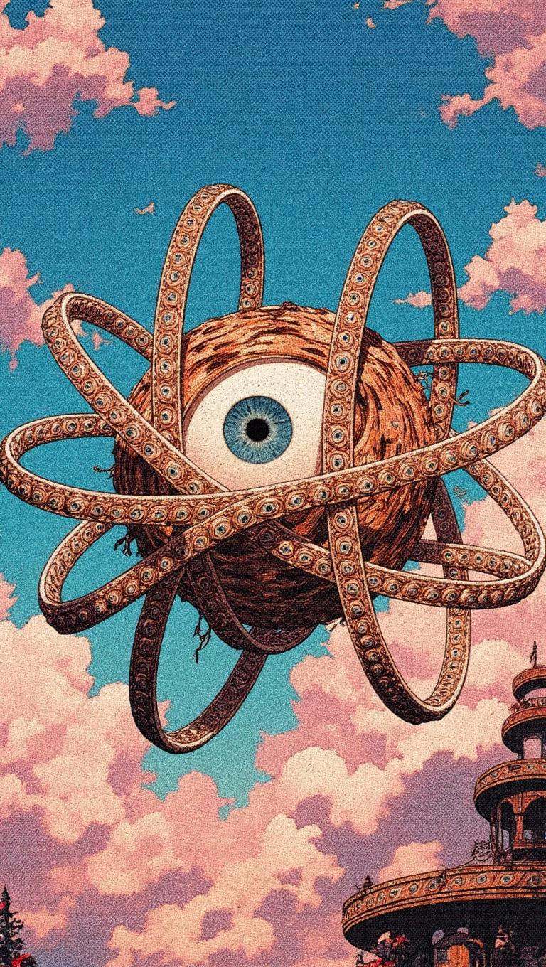 Ophanim has 4 wheels and one large eye in the middle and is floating in the sky,  retro anime style,  . on Tensor.Art