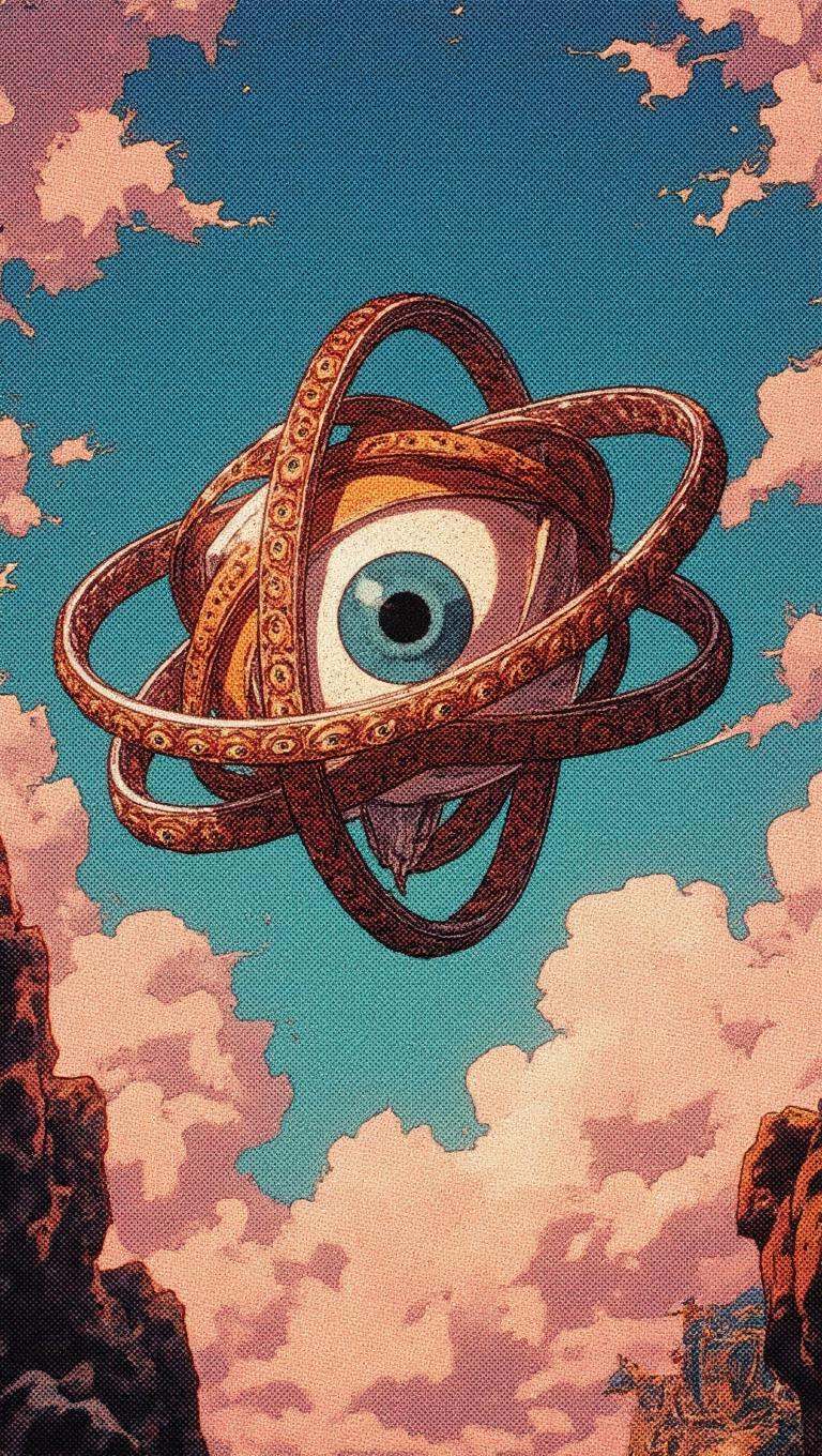 Ophanim has 4 wheels and one large eye in the middle and is floating in the sky,  retro anime style,  . on Tensor.Art