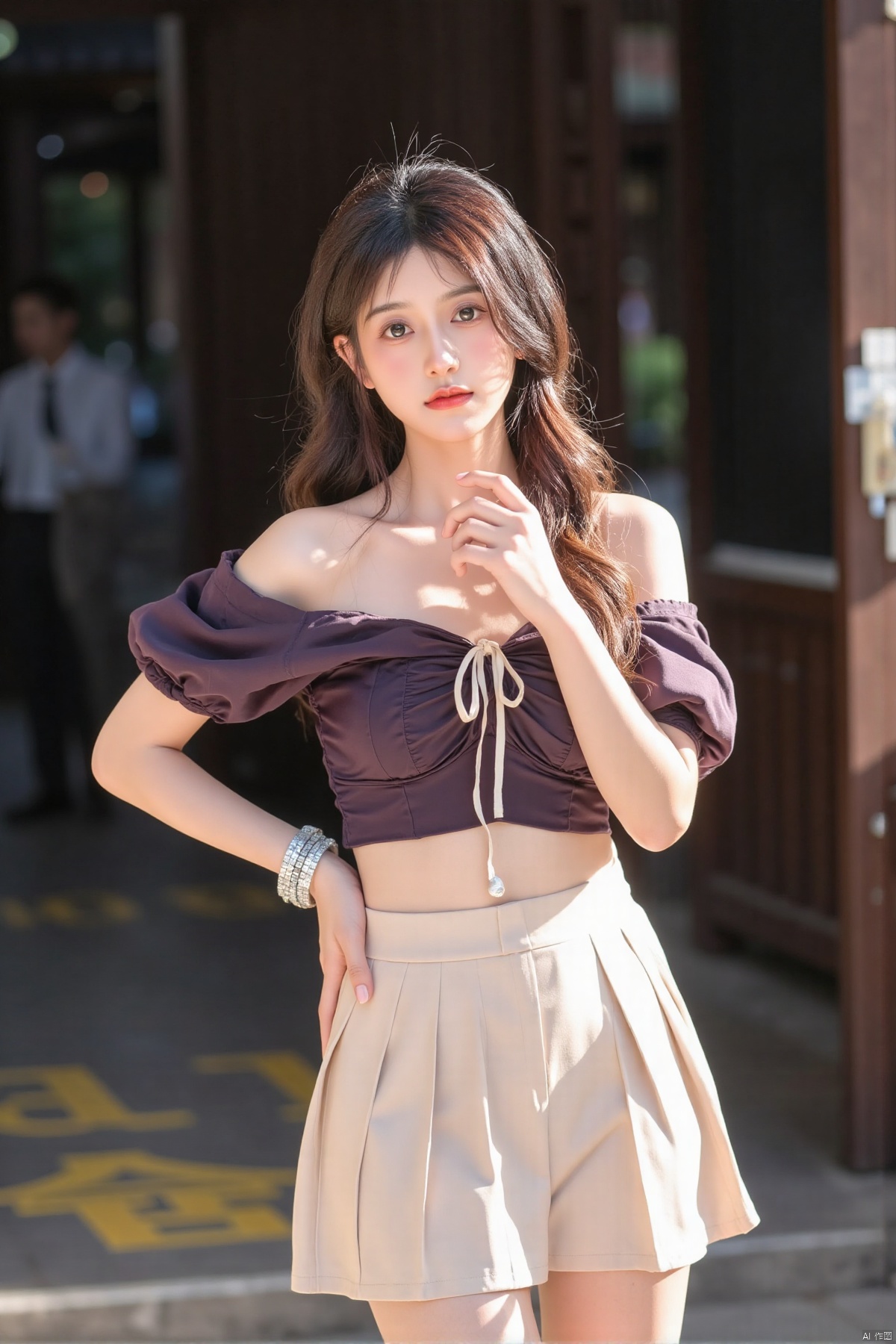 very beautiful,JK uniforms,short skirts,silk stockings,Ultra short pleated skirt,big breasts,cleavage。Masterpiece,best quality amazing details,realistic photos,off shoulder blouse
