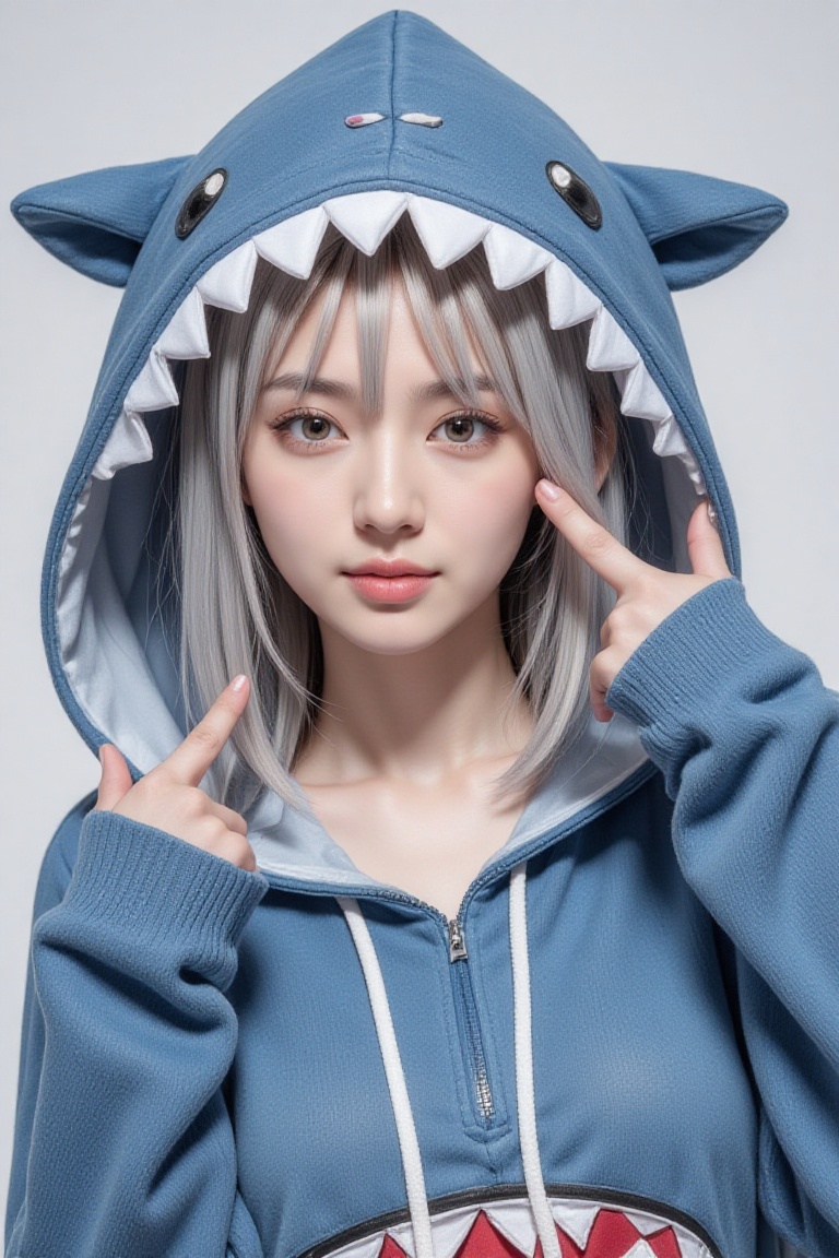 1girl solo looking at viewer smile bangs brown eyes blue hair upper body grey hair multicolored hair realistic style hood...