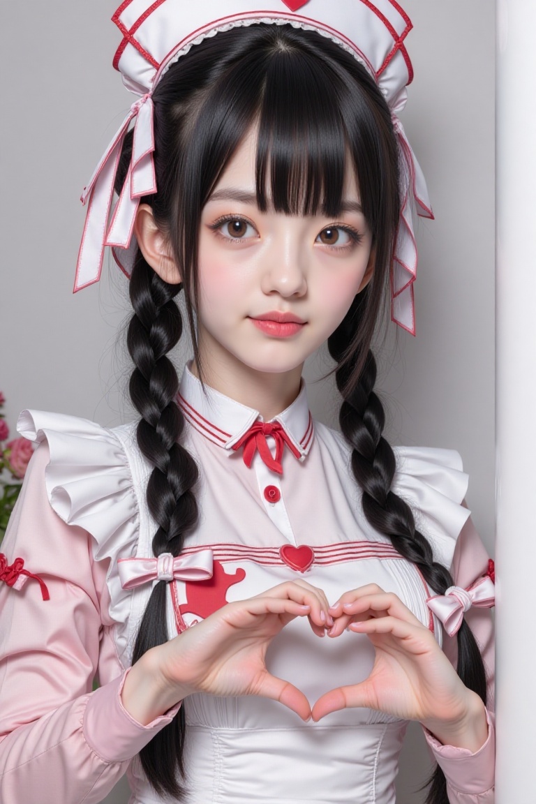 1girl solo long hair looking at viewer smile bangs black hair hat ribbon braid heart twin braids cosplay realistic nurse c...