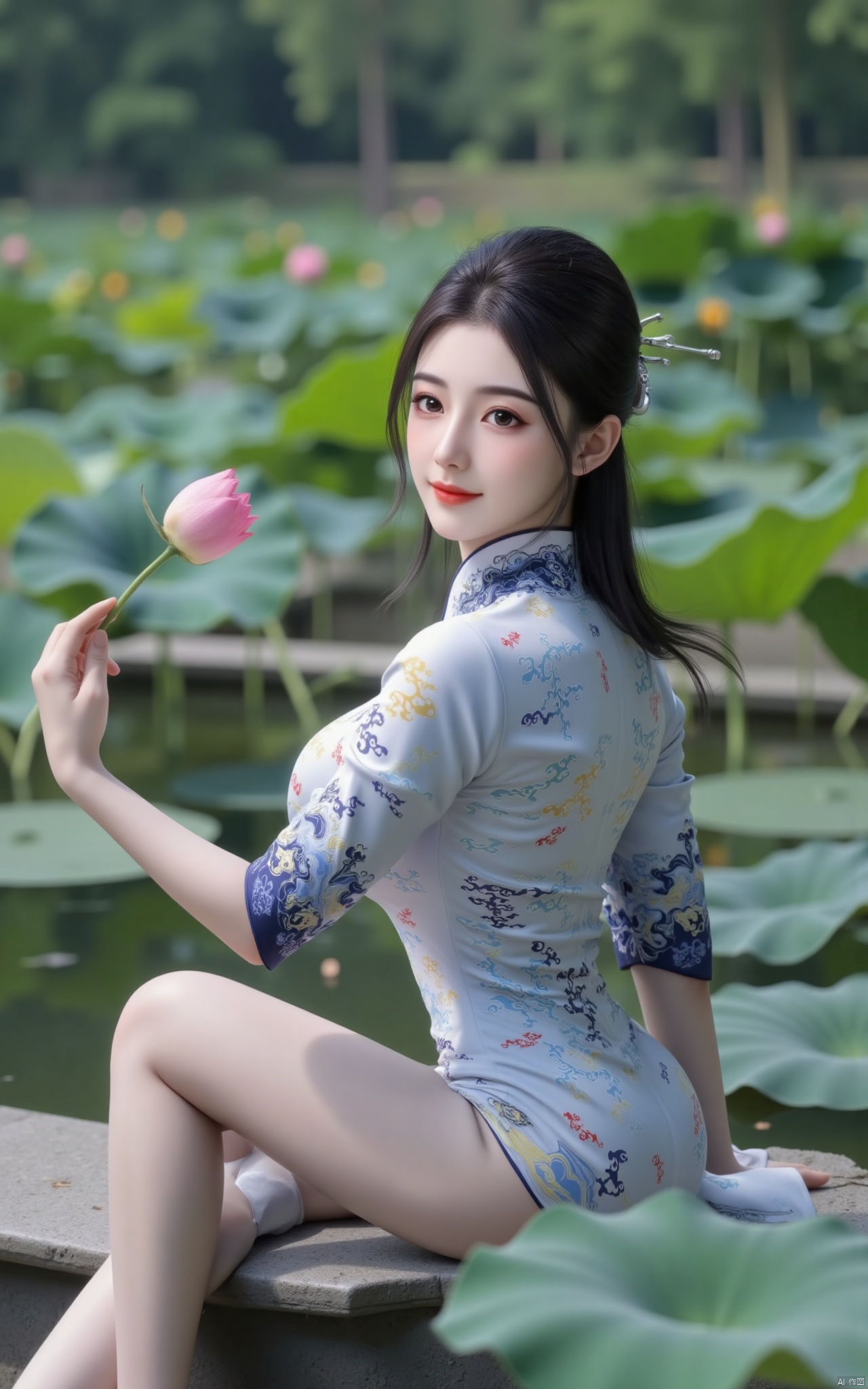  masterpiece,1girl,solo,black hair,(Standing by the lotus pond in the garden:1.3),black eyes,beautiful face,holding flower,looking at viewer,(huge breasts:2.59),(full breasts:1.99),Xzhanguopao,XJKzhifu,Student uniforms, JK uniforms