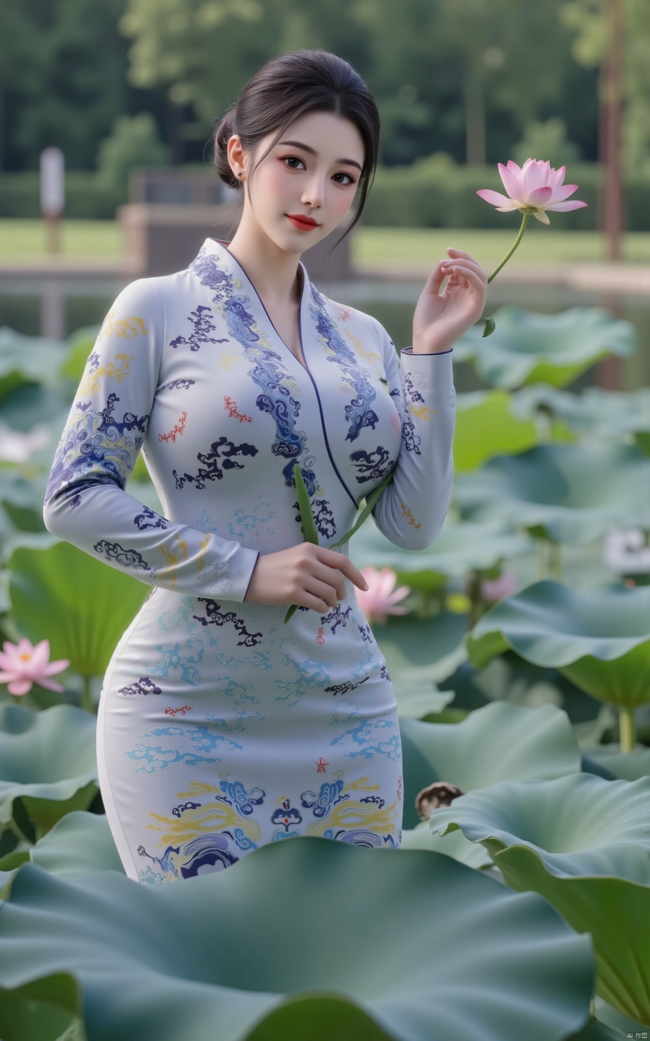  masterpiece,1girl,solo,black hair,(Standing by the lotus pond in the garden:1.3),black eyes,beautiful face,holding flower,looking at viewer,(huge breasts:2.59),(full breasts:1.99),Xzhanguopao,XJKzhifu,Student uniforms, JK uniforms