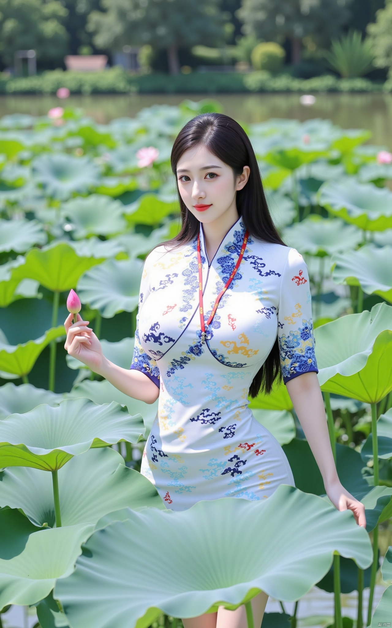  masterpiece,1girl,solo,black hair,(Standing by the lotus pond in the garden:1.3),black eyes,beautiful face,holding flower,looking at viewer,(huge breasts:2.59),(full breasts:1.99),Xzhanguopao,XJKzhifu,Student uniforms, JK uniforms