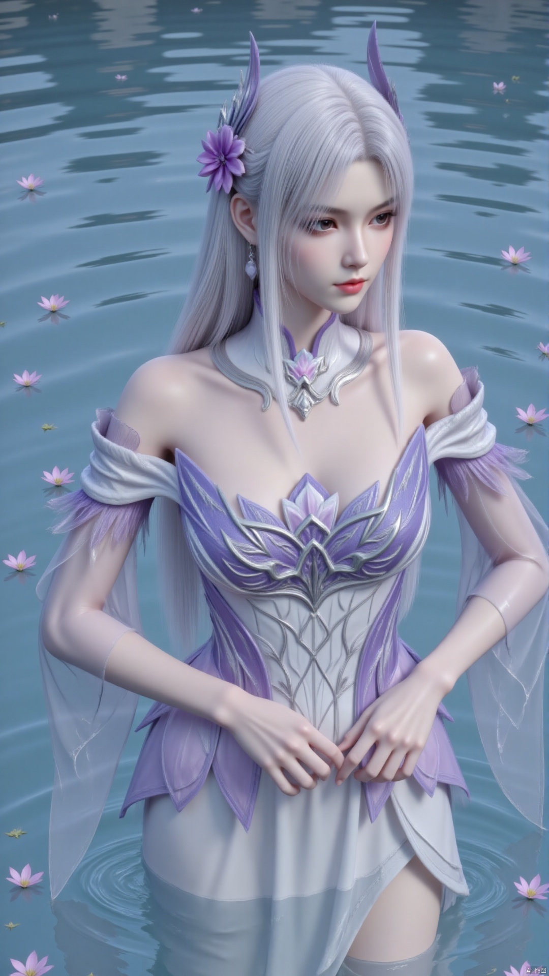 1girl

solo

long hair

looking at viewer

hair ornament

dress

bare shoulders

flower

white hair

water

white dress,baisu (xyx)