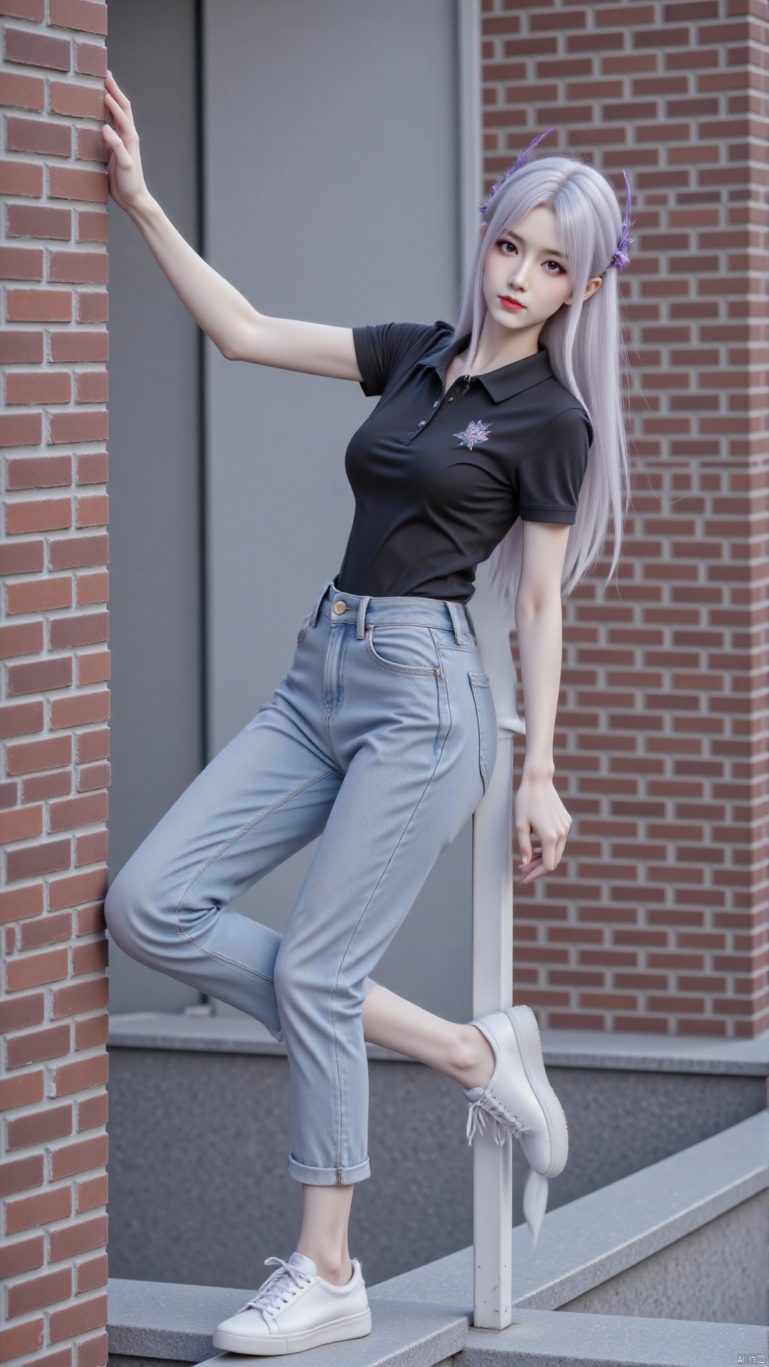 (1 girl: 1.3), solo singing. Medium chest circumference, (white hair: 1.4), (long legs: 1.3). Long hair, hair accessories. Looking at the audience, with bangs and purple eyes, she was wearing denim pants paired with black polo short sleeves. White casual shoes.
Her posture is very playful, standing on the edge of the brick wall. The urban environment complements her avant-garde and feminine style, highlighting her youthful vitality and charming elegance. Composition from different angles.,baisu (xyx)