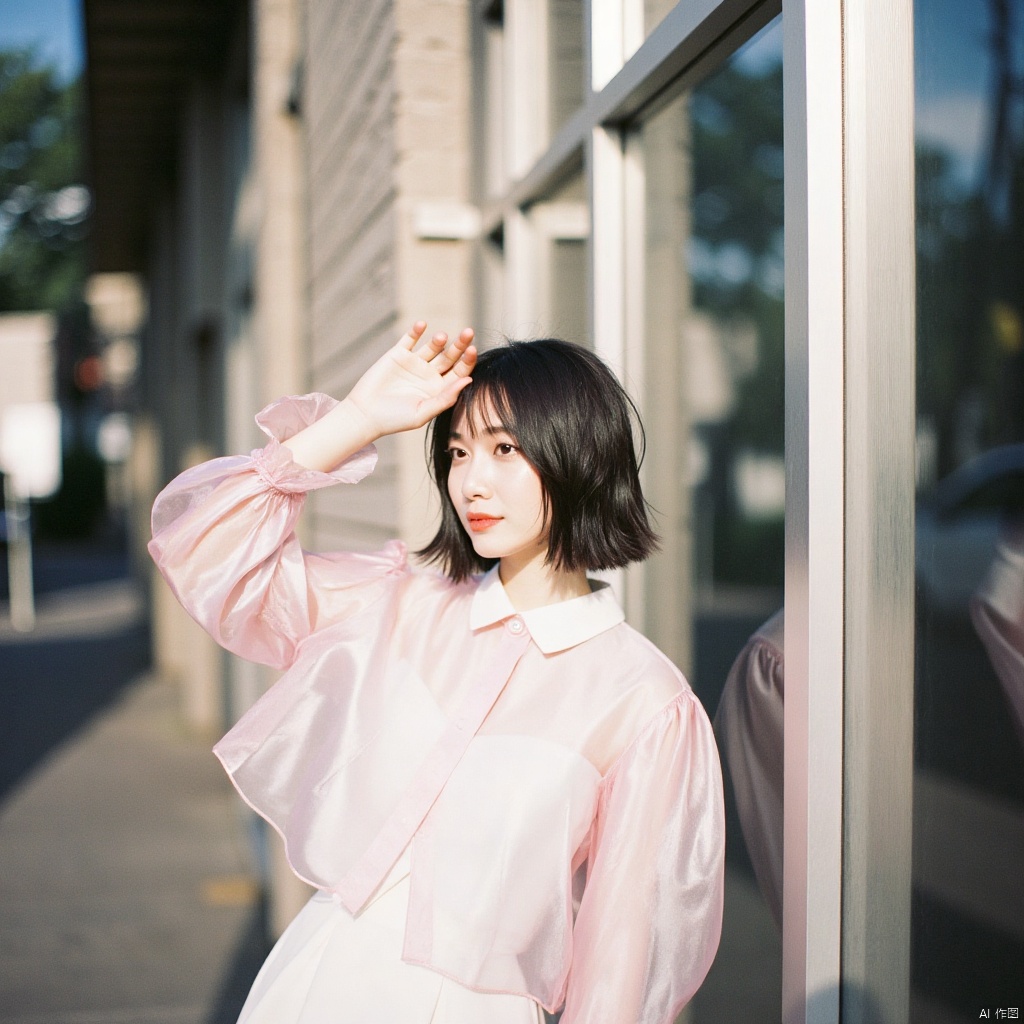 Everyday Shooting with Film Cameras,  Captured at eye-level,  a close-up shot of a woman with short dark brown hair stands...