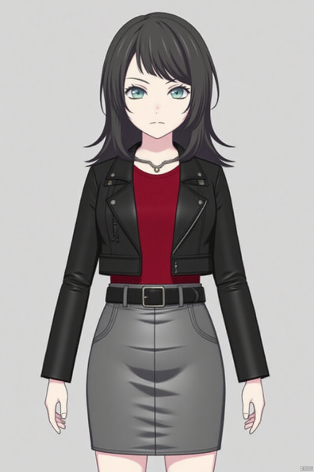 (grey background:1.2),looking at viewer,(SOLO:1.4),outline,simple background,full body,looking at viewer,(((arms at side))),Yahata Umiri,black hair,long hair,blue eyes,bangs,swept bangs
skirt,jewelry,jacket,earrings,boots,choker,belt,black footwear,black jacket,red shirt,grey skirt,pencil skirt,leather,leather jacket