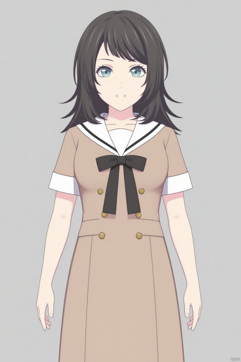 (grey background:1.2),looking at viewer,(SOLO:1.4),outline,simple background,full body,looking at viewer,(((arms at side))),Yahata Umiri,black hair,long hair,blue eyes,bangs,swept bangs
sailor dress, double-breasted, brown dress, hanasakigawa school uniform