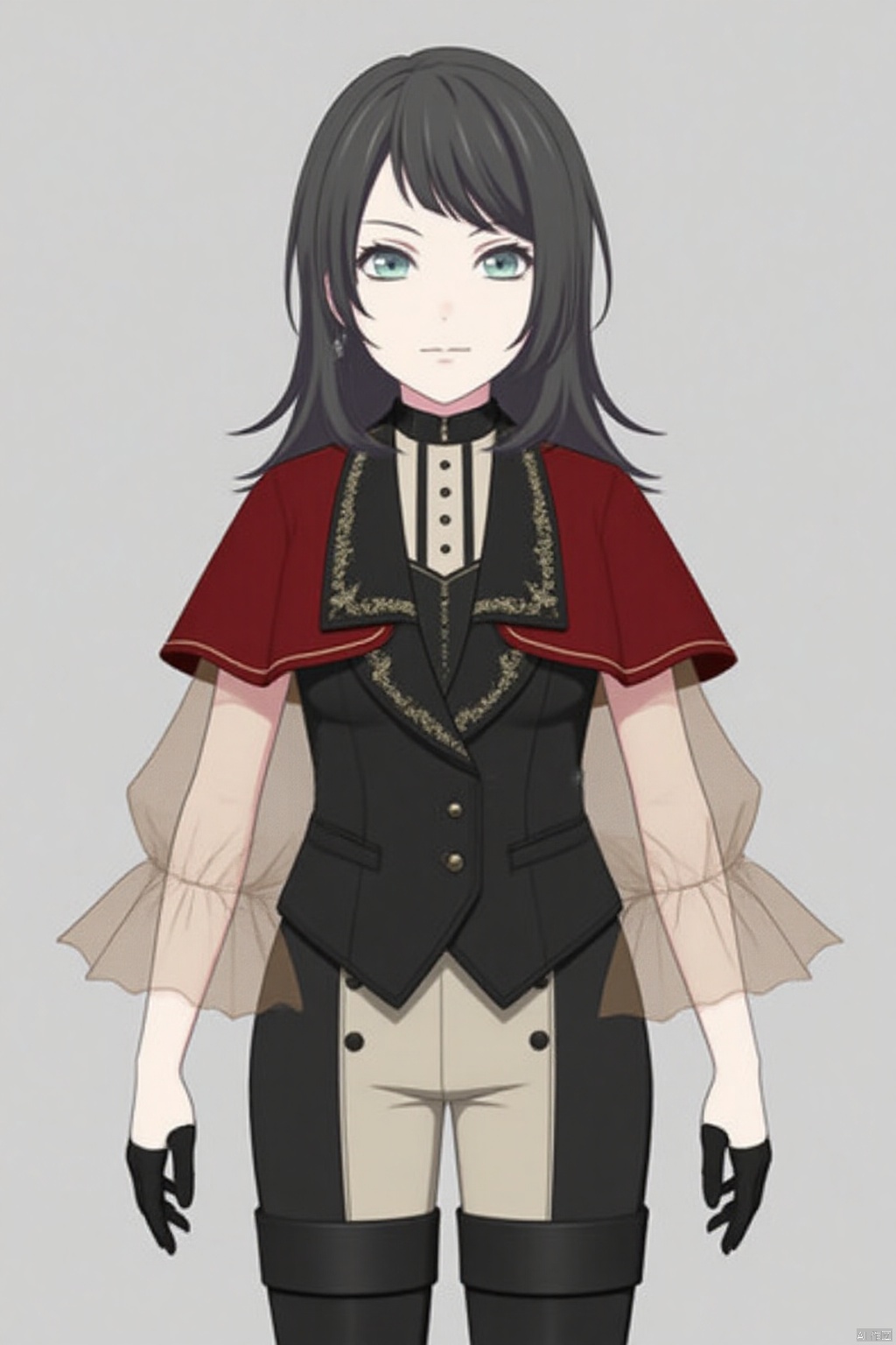 (grey background:1.2),looking at viewer,(SOLO:1.4),outline,simple background,full body,looking at viewer,(((arms at side))),Yahata Umiri,black hair,long hair,blue eyes,bangs,swept bangs
thigh boots,boots,black gloves,black footwear,see-through,pants,red capelet,thighhighs,black vest,long sleeves,buttons,shirt,black earring,