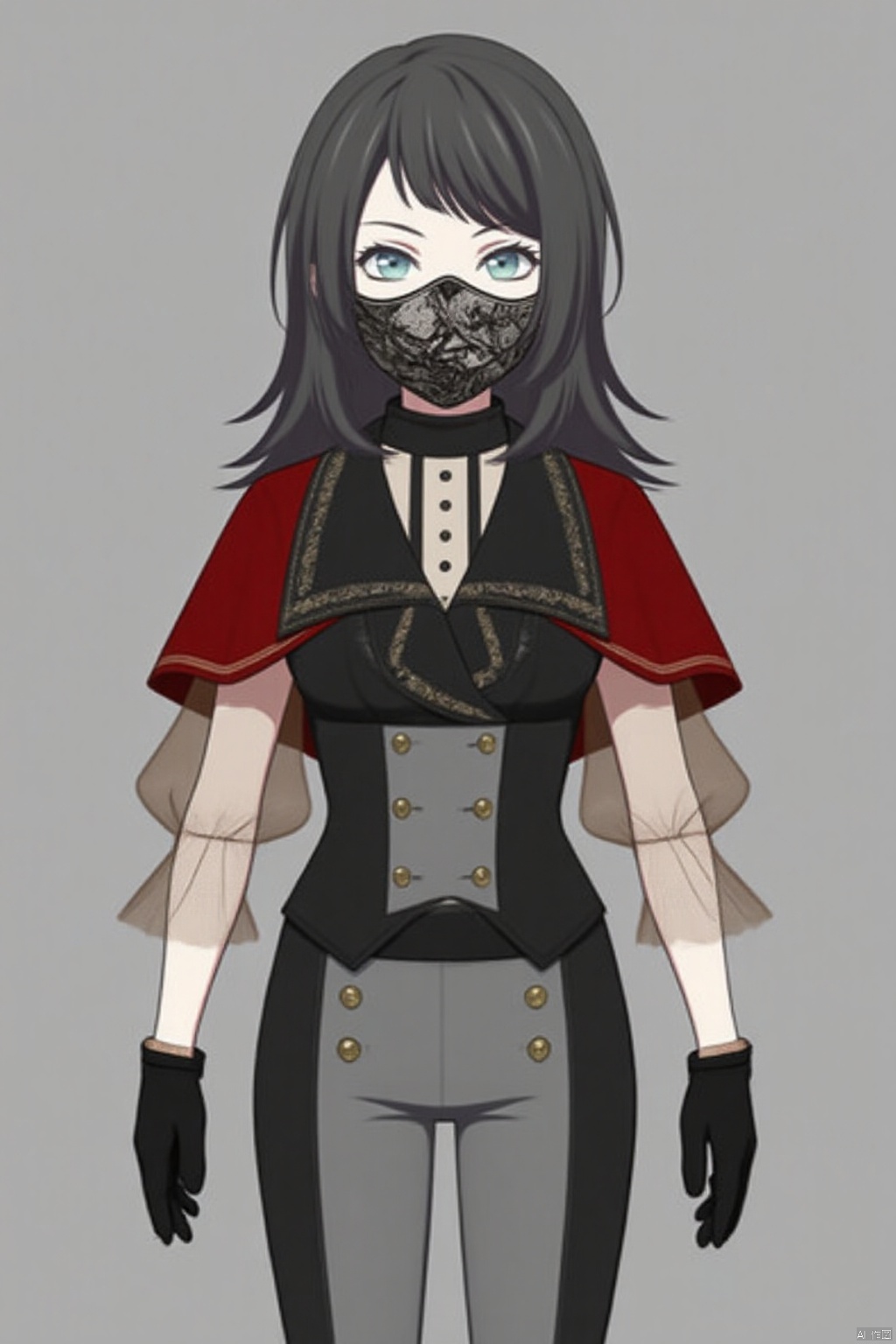 (grey background:1.2),looking at viewer,(SOLO:1.4),outline,simple background,full body,looking at viewer,(((arms at side))),Yahata Umiri,black hair,long hair,blue eyes,bangs,swept bangs
thigh boots,boots,black gloves,black footwear,see-through,pants,red capelet,thighhighs,black vest,long sleeves,buttons,shirt,black earring,black_mask,