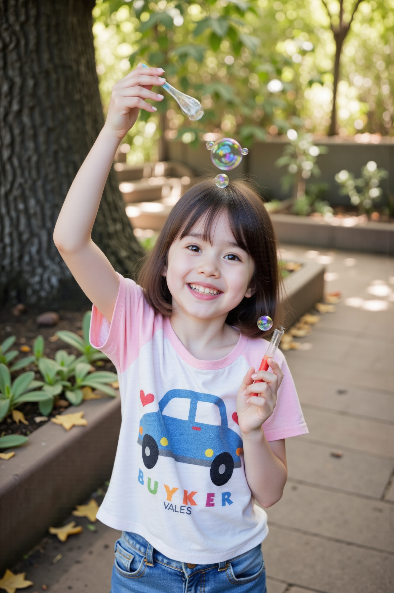 Asian little girl is joyfully playing with soap bubbles. on Tensor.Art