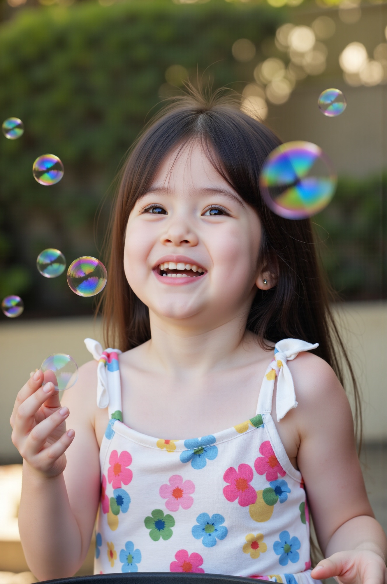 Asian little girl is joyfully playing with soap bubbles. on Tensor.Art