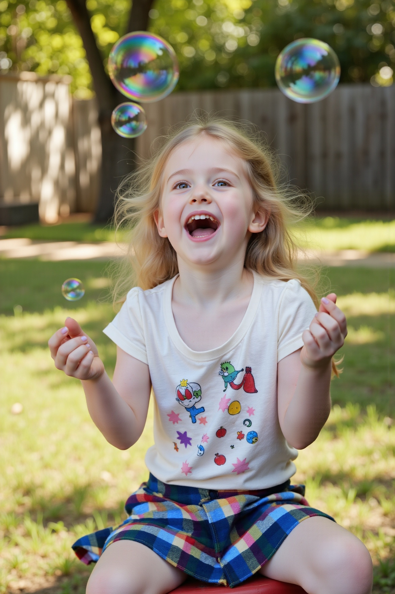 The little girl is joyfully playing with soap bubbles. on Tensor.Art