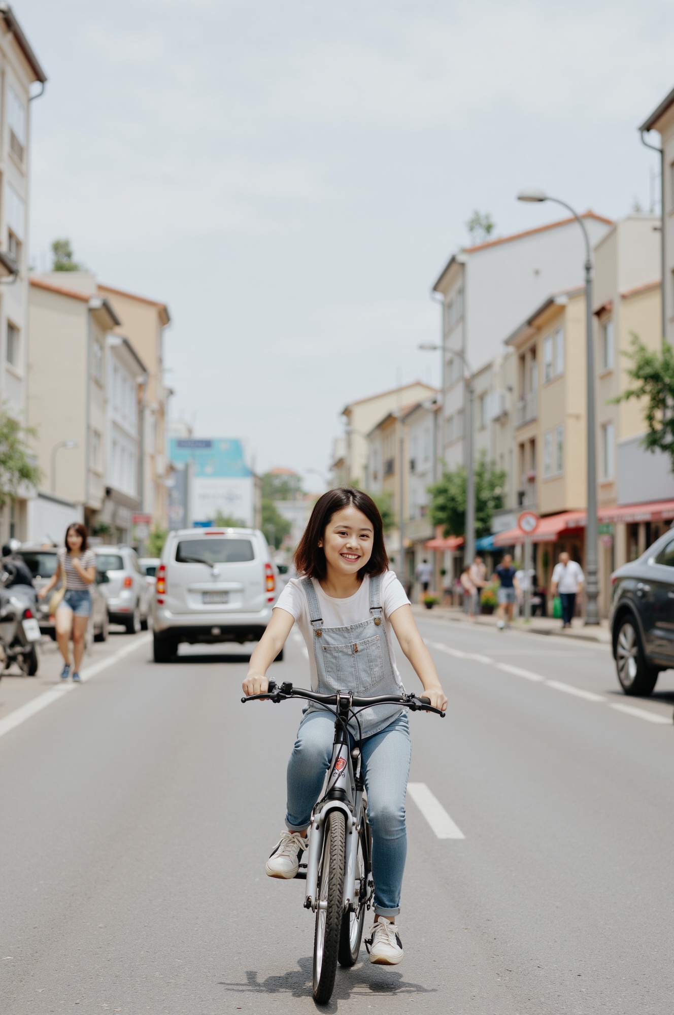 a girl is joyfully riding bike at the town on Tensor.Art