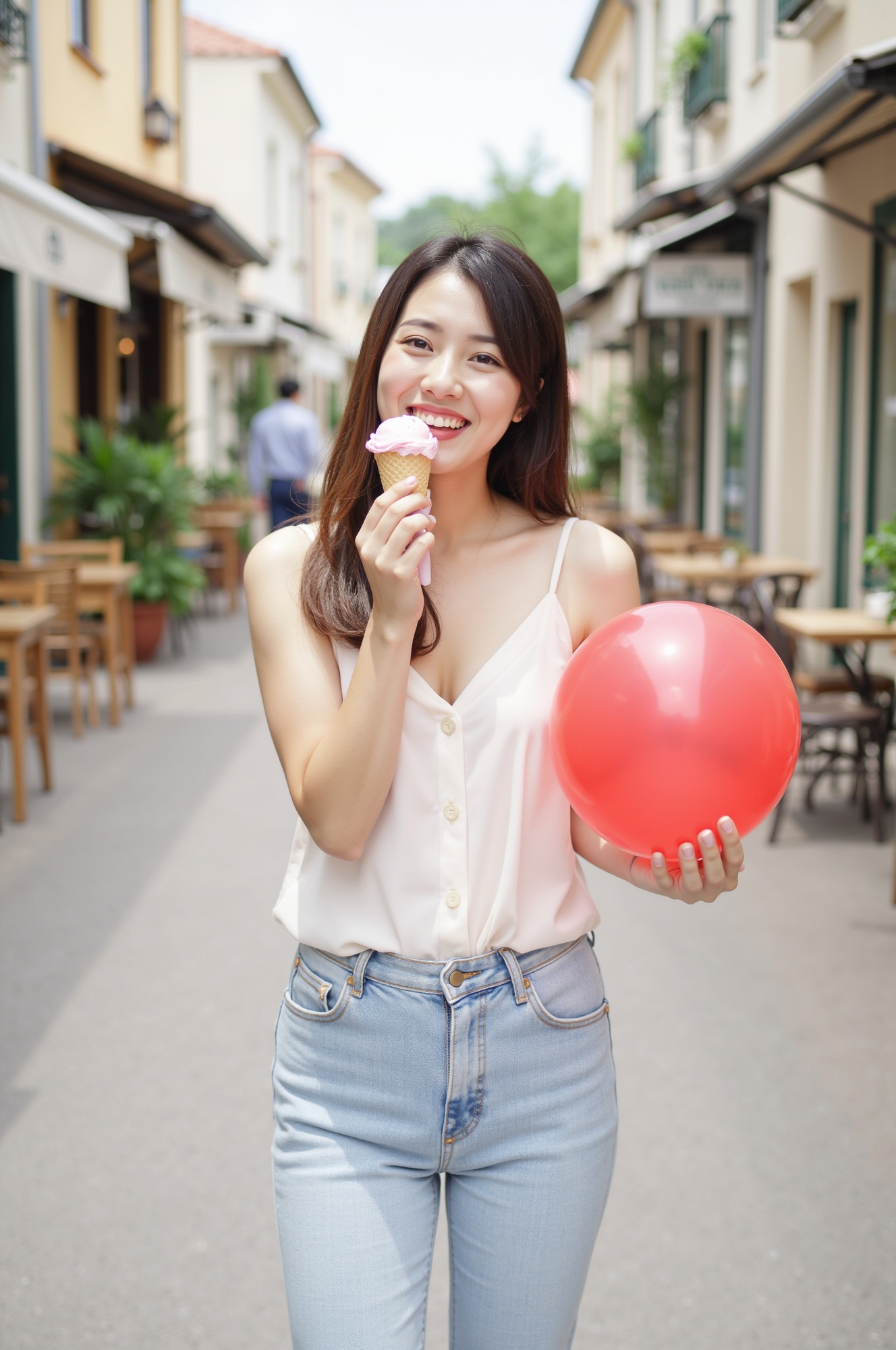 Sun-kissed joyful young woman with a bright smile,  dressed in casual summery attire,  takes a happy bite of creamy pink i...