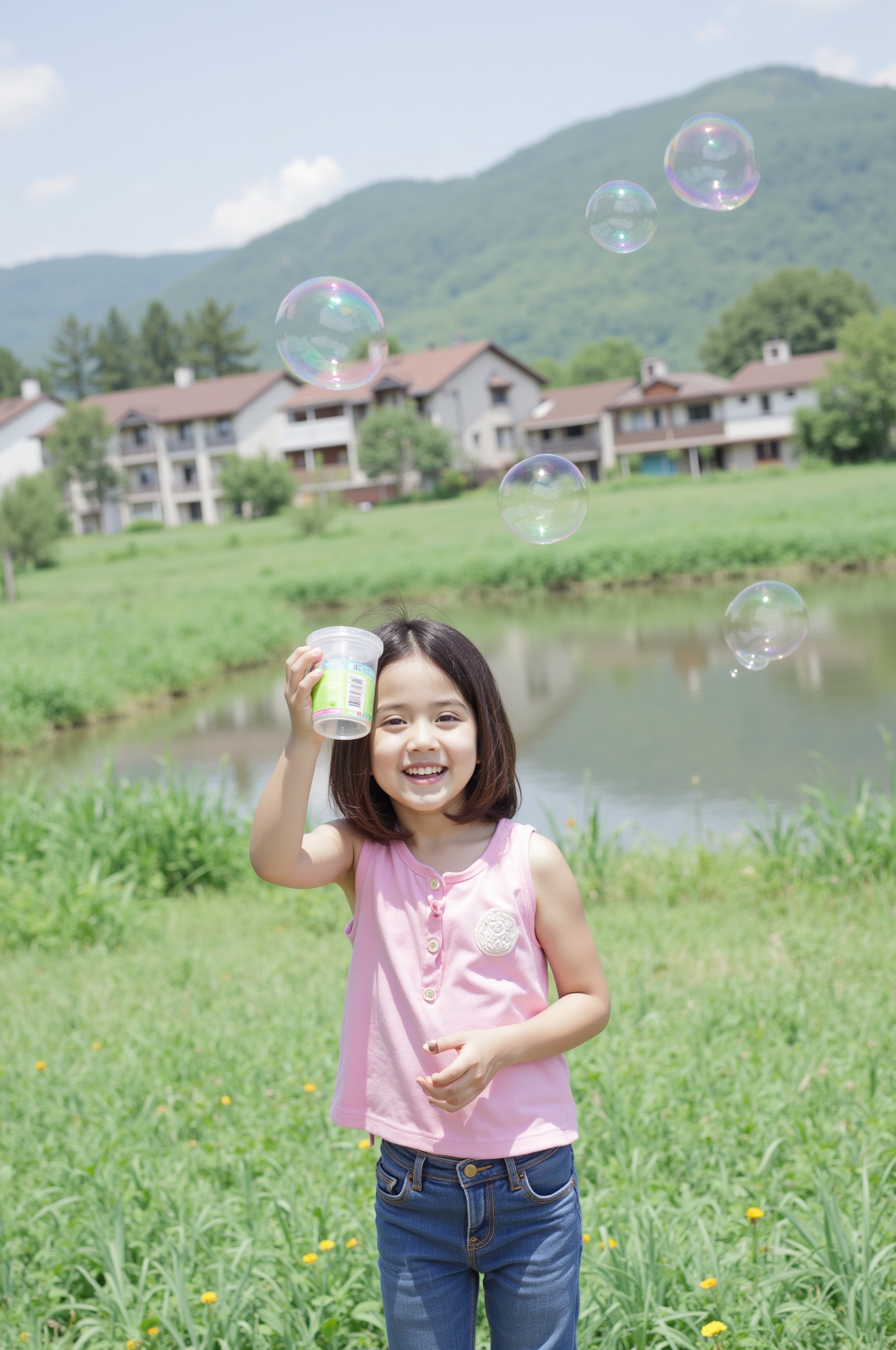 The little girl is joyfully playing with soap bubbles at the flowe field near a lake at the rural town on Tensor.Art