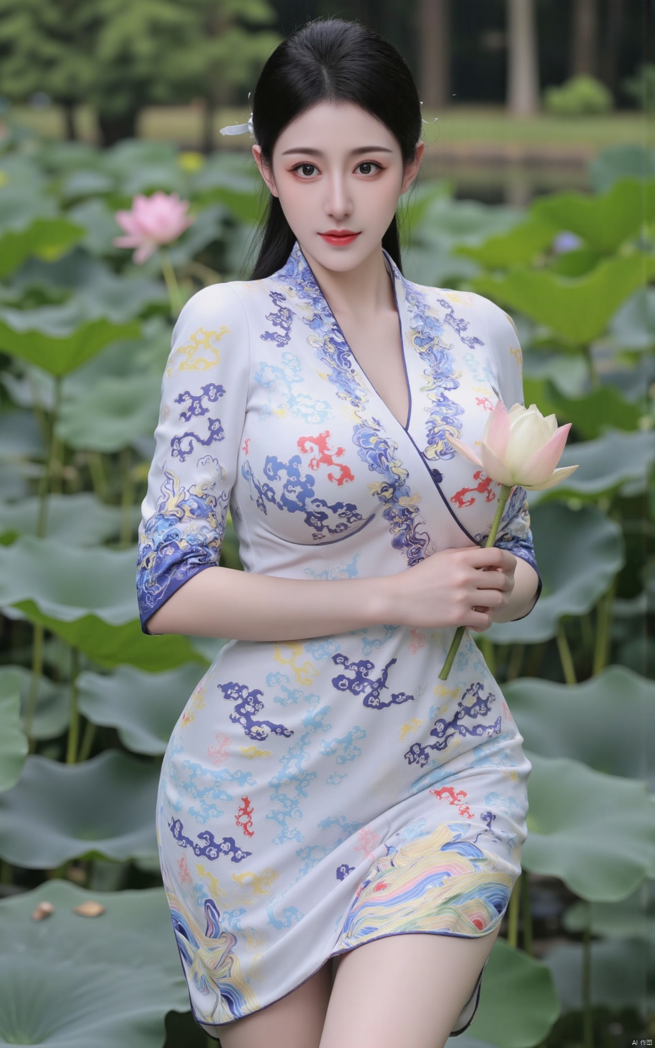  masterpiece,1girl,solo,black hair,(Standing by the lotus pond in the garden:1.3),black eyes,beautiful face,holding flower,looking at viewer,(huge breasts:2.59),(full breasts:1.99),Xzhanguopao,XJKzhifu,s,Xqhcqipao,Xxuanyi,Xbaiyin81,Xmeidusha