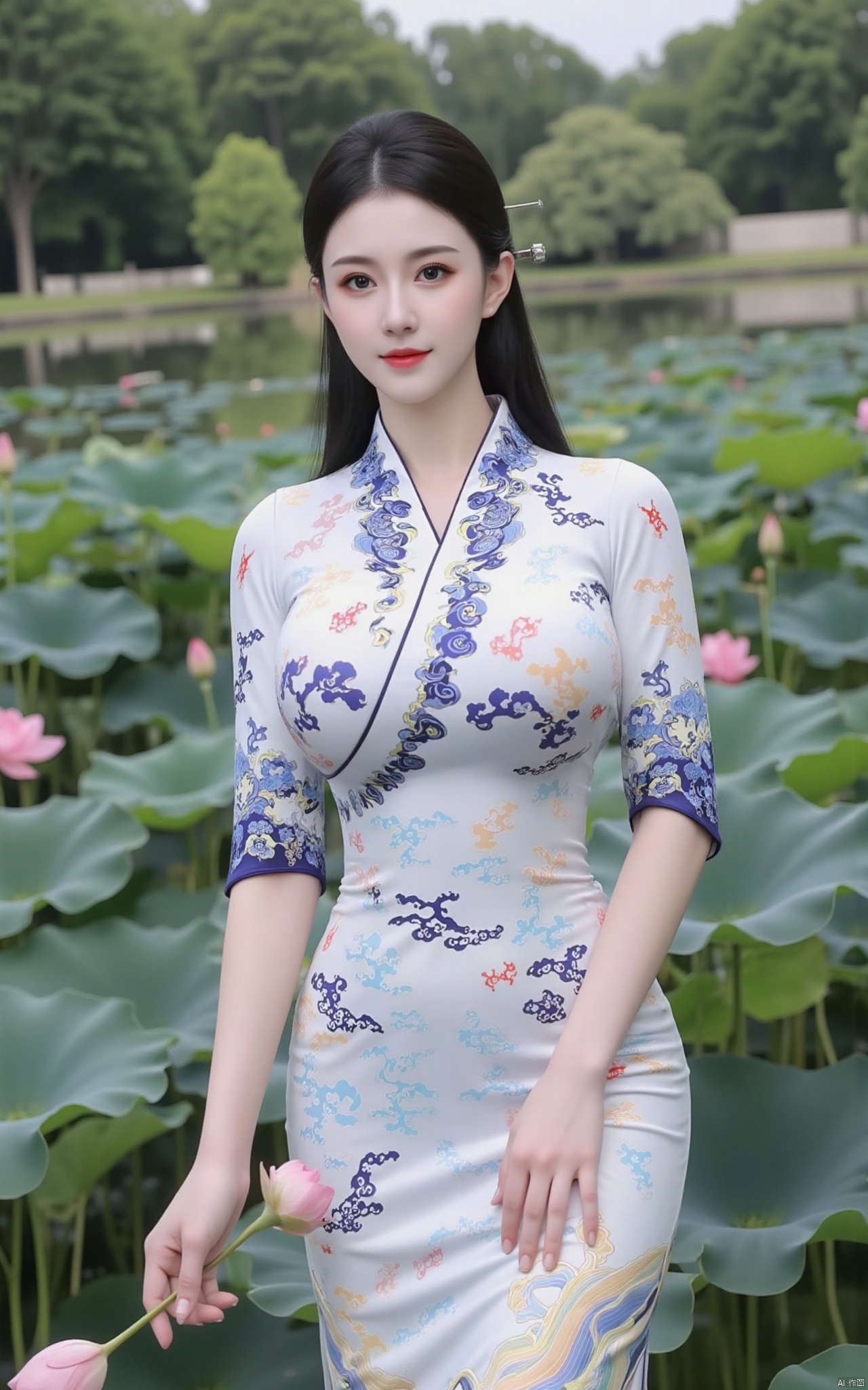  masterpiece,1girl,solo,black hair,(Standing by the lotus pond in the garden:1.3),black eyes,beautiful face,holding flower,looking at viewer,(huge breasts:2.59),(full breasts:1.99),Xzhanguopao,XJKzhifu,s,Xqhcqipao,Xxuanyi,Xbaiyin81,Xmeidusha