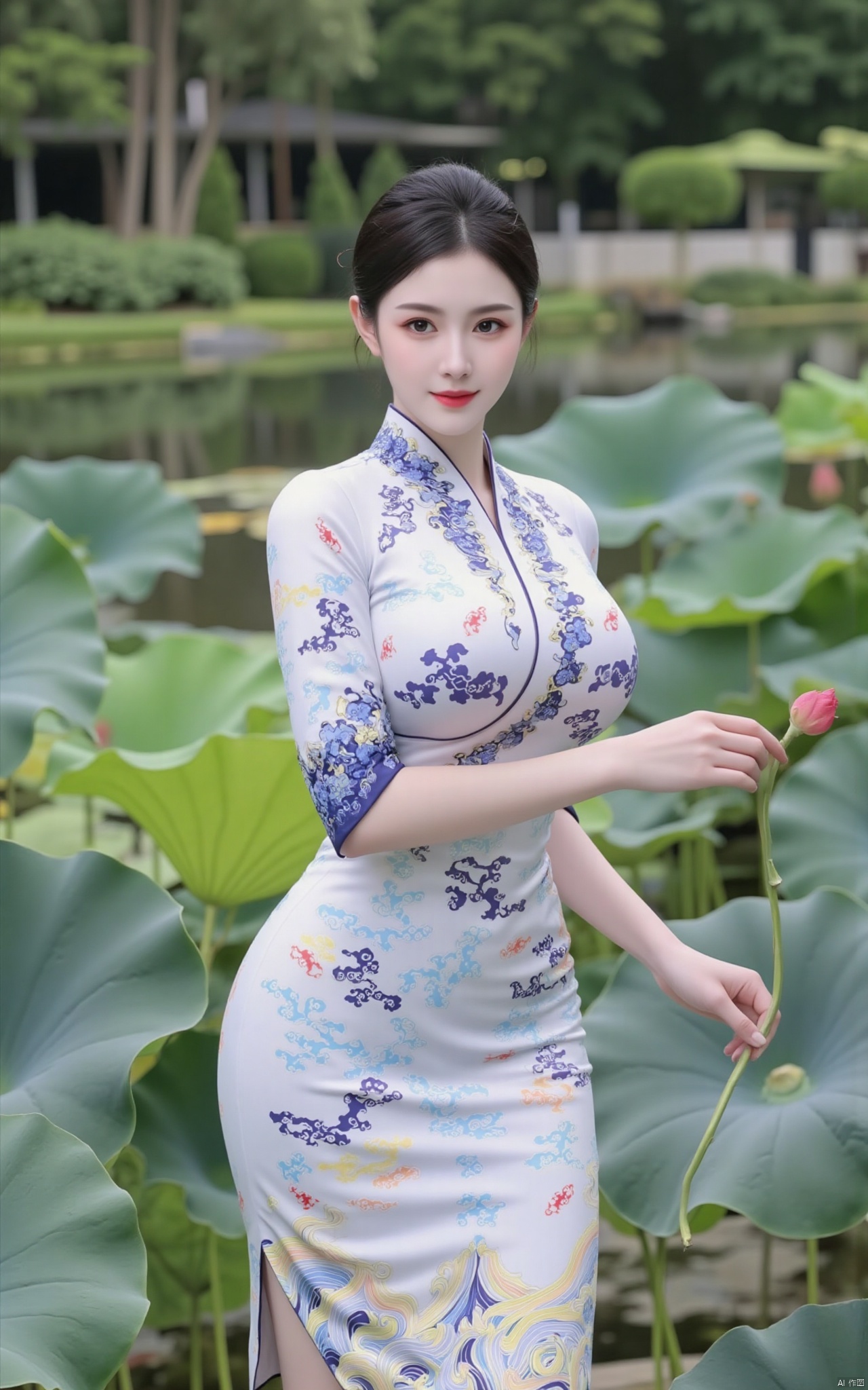 masterpiece,1girl,solo,black hair,(Standing by the lotus pond in the garden:1.3),black eyes,beautiful face,holding flower,looking at viewer,(huge breasts:2.59),(full breasts:1.99),Xzhanguopao,XJKzhifu,s,Xqhcqipao,Xxuanyi,Xbaiyin81,Xmeidusha