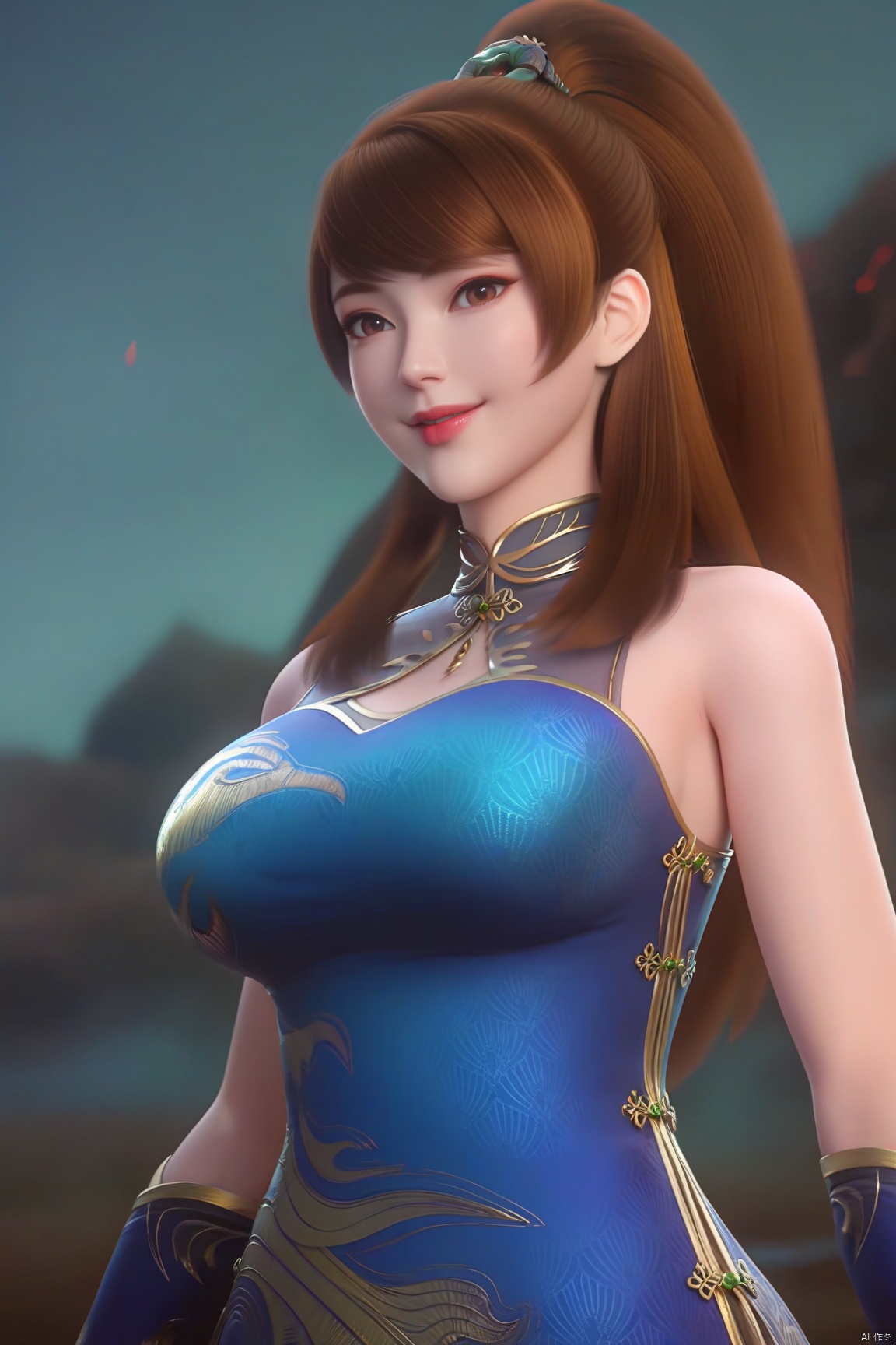 parametersscore_9,score_8_up,score_7_up,source_anime,
1girl, solo, long hair, breasts, looking at viewer, smile, large breasts, brown hair, hair ornament, gloves, dress, bare shoulders, brown eyes, upper body, ponytail, lips, blue dress, chinese clothes, high ponytail, china dress,
highly detailed,ultra-high resolution,32K UHD,sharp focus,best-quality,masterpiece,