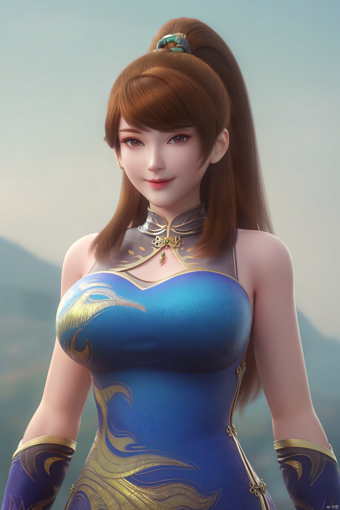 parametersscore_9,score_8_up,score_7_up,source_anime,
1girl, solo, long hair, breasts, looking at viewer, smile, large breasts, brown hair, hair ornament, gloves, dress, bare shoulders, brown eyes, upper body, ponytail, lips, blue dress, chinese clothes, high ponytail, china dress,
highly detailed,ultra-high resolution,32K UHD,sharp focus,best-quality,masterpiece,