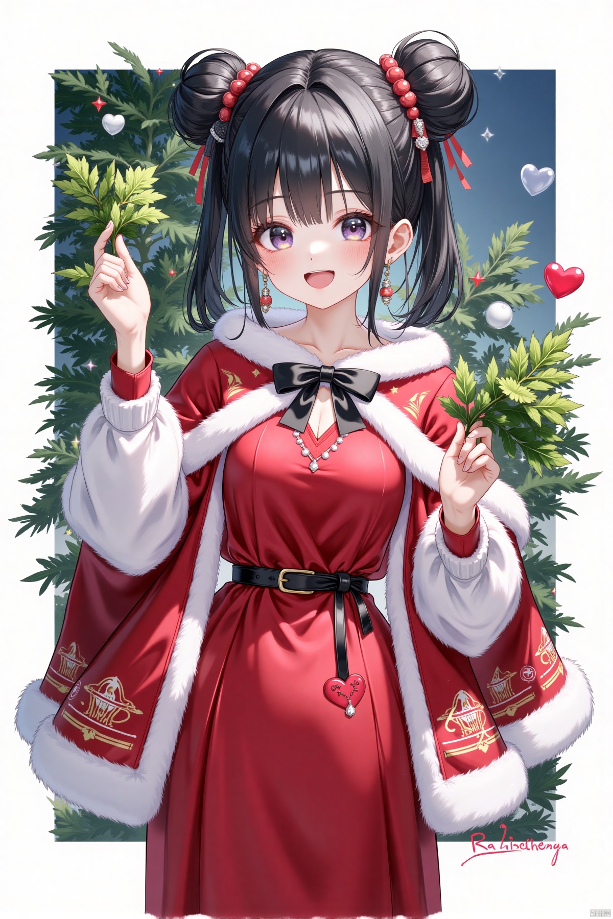 masterpiece,a girl with black hair in a red dress and a red capelet, wearing earrings and a black ribbon, styled with double buns and aegyo sal, showcasing a bright smile and a grin, standing in front of a Christmas tree with a white border, adorned with hearts and jewelry, featuring Korean text and a fur-trimmed capelet, exuding a festive and joyful vibe