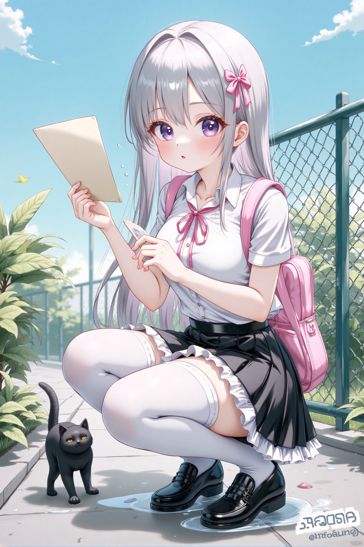 masterpiece,best quality,high quality,loli,1girl, cat, thighhighs, long hair, solo, skirt, squatting, shirt, breasts, white shirt, purple eyes, white thighhighs, shoes, outdoors, black footwear, ribbon, looking at viewer, bag, letter, blush, wet shirt, short sleeves, school bag, wet, loafers, school uniform, collared shirt, wet clothes, frills, cleavage, medium breasts, bra, love letter, pleated skirt, envelope, animal, closed mouth, very long hair, underwear, holding, hair between eyes, collarbone, black cat, frilled skirt, day, water drop, rain, neck ribbon, miniskirt, pink ribbon, copyright name, full body, hair ribbon, large breasts, fence, bra visible through clothes, pink bra
