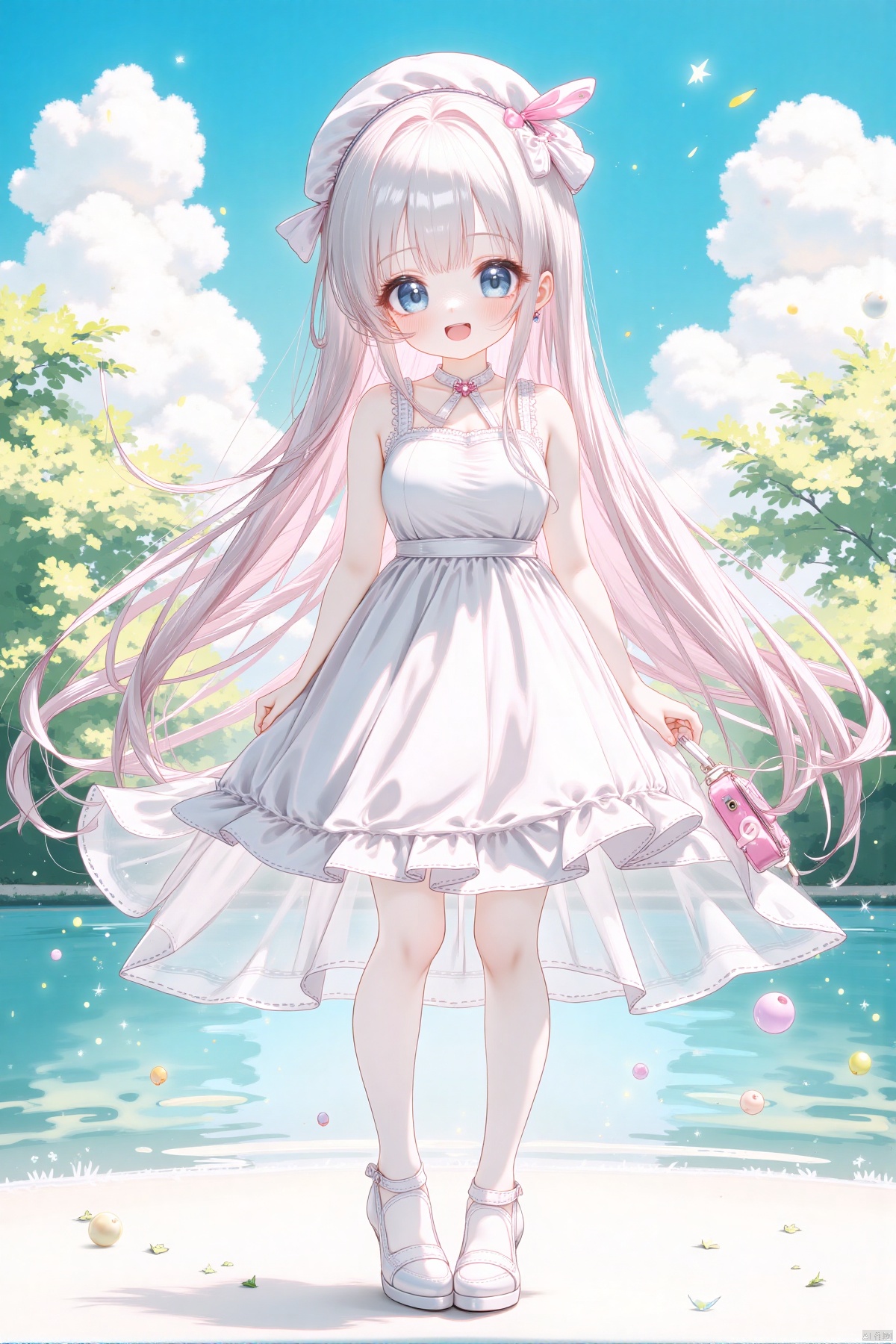 (best quality), illustration, depth of field, (color),masterpiece,best quality,petite,cute,loli,1 girl ,(((( light pink long hair)))), ,(((( light white long hair)))),light pink hair, , long hair ((blush)) , cute face, big eyes, masterpiece, best quality,(((((a very delicate and beautiful girl))))),Amazing,beautiful detailed eyes,blunt bangs((((little delicate girl)))),tareme(true beautiful:1.2), sense of depth,dynamic angle,,,(((tareme))), (true beautiful:1.2),,(tiny 1girl model:1.2)(flat chest) 、masterpiece, top quality, very aesthetic, absurd, (super detailed), vivid, (nice hands, perfect hands), ideal proportions of the body, BREAK (vector outline, flat colors: 1.5), (one girl), solo, , , upper body close-up, (colorful floral background), BREAK cute girl, 18 years old, detailed blue eyes, (eye highlights), bright smile, (eyes closed: 1.2), wide open mouth, (blush all over face), floating hair, , white thigh-high socks, white pumps, 1girl, solo, long hair, breasts, looking at viewer, smile, bangs, blue eyes, hat, dress, bow, bare shoulders, very long hair, closed mouth, standing, full body, outdoors, sky, sleeveless, pointy ears, cloud, bag, white dress, sleeveless dress, white headwear, sandals, white footwear, sun hat, handbag, sundress