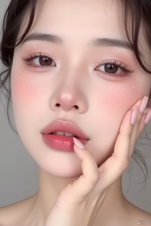 Beautiful face, Chinese beauty, makeup, a small amount of glitter, light pink lips, pure feeling