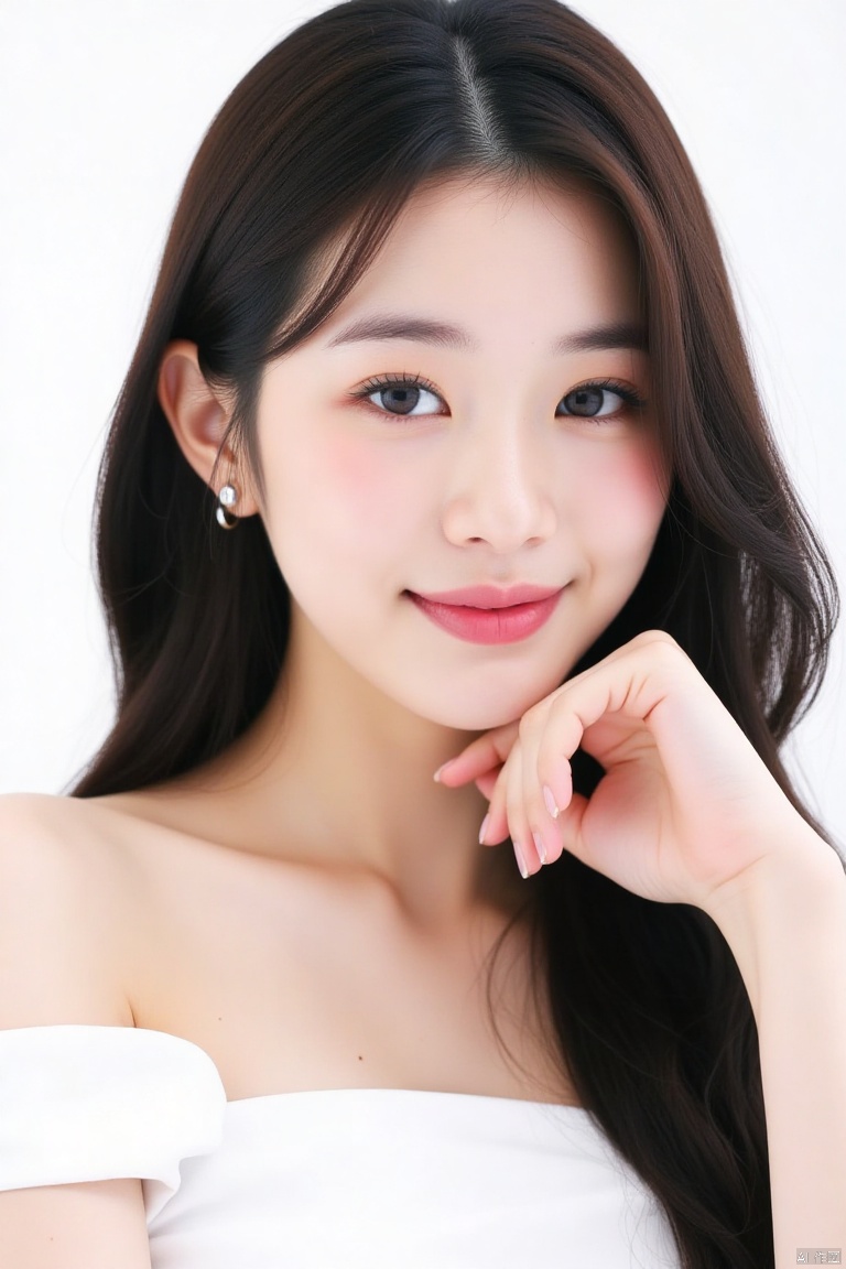 ,huge natural breasts,digital art, 4k,Soft-focus lens effect, blurring the edges for a more artistic looka young Asian beauty woman,a young Asian woman huge natural breasts,digital art, 4k,Soft-focus lens effect, blurring the edges for a more artistic look, Asian,a young Asian beauty woman
a young Asian woman with long dark brown hair, wearing a white  top, is smiling. Her left hand is resting on her chin, adding a touch of texture to her face. Her right ear is adorned with a single silver earring. Her eyes are a piercing blue, and her eyebrows are a lighter shade of brown. Her lips are a bright pink, and she's lips are slightly parted. The backdrop is a stark white, creating a stark contrast to the woman's face.