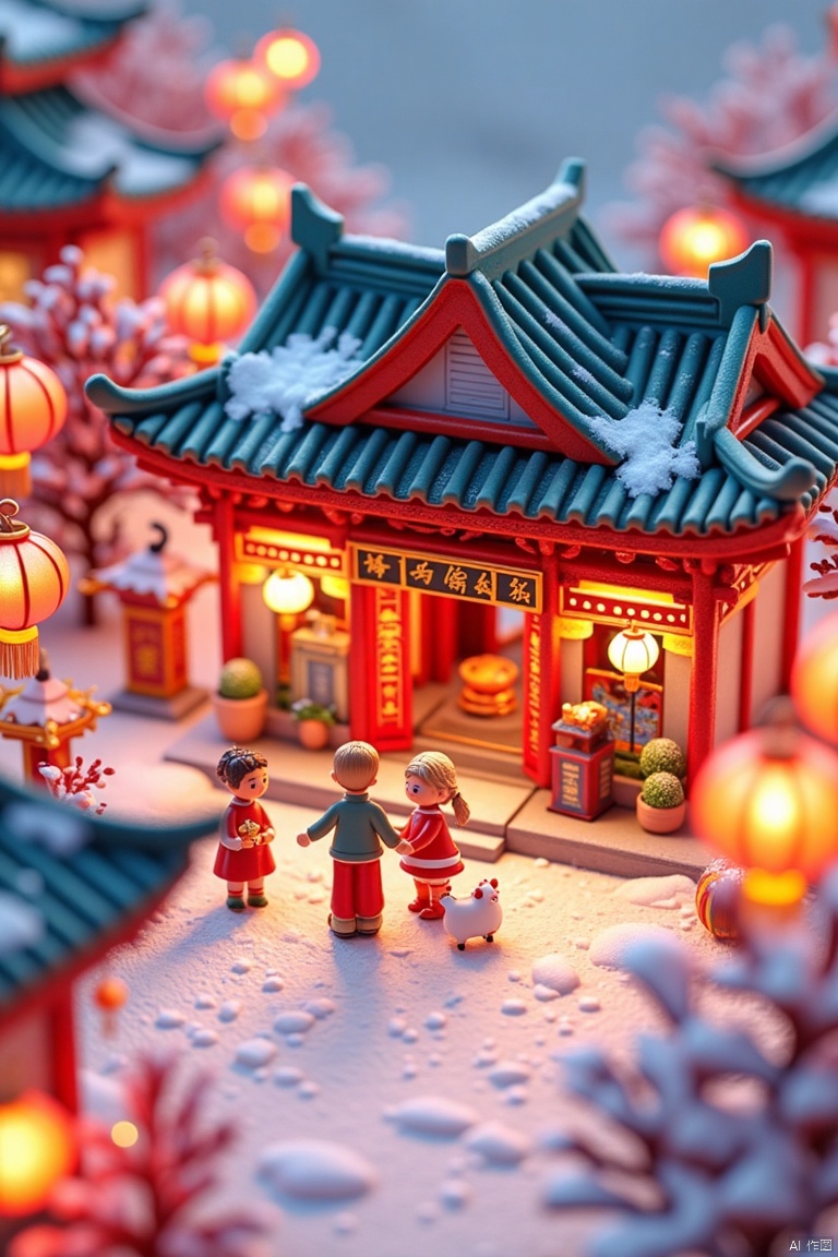 Chinese architecture,Chinese character,NYZG,
NYZG,Chinese architecture,Chinese character, Miniaturized,Spring Festival ,Ancient Chinese Architecture, Chinese New Year Figures, Lunar New Year Lanterns, Spring Festival Couplets, Gathering Outside, Lively Atmosphere, Temple of Words, Outstanding Lighting, Snow, Volumetric Landscape, 3D,super detail,