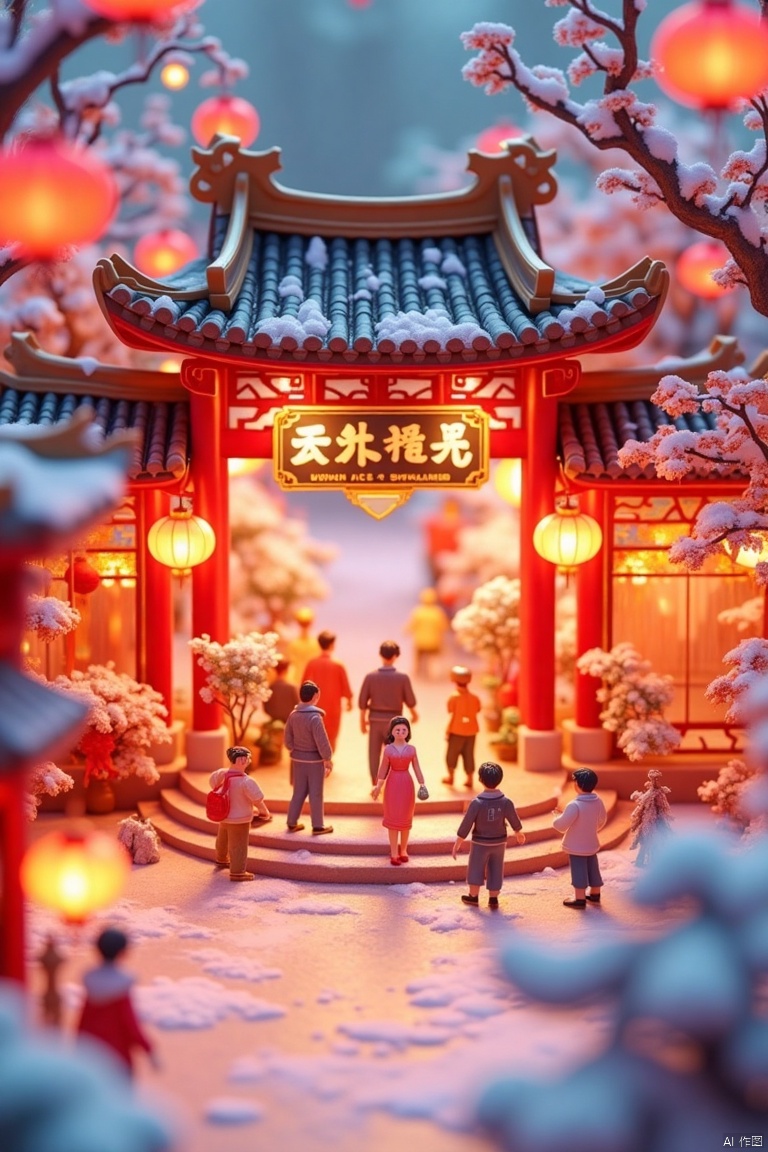 Chinese architecture,Chinese character,NYZG,
NYZG,Chinese architecture,Chinese character, Miniaturized,Spring Festival ,Ancient Chinese Architecture, Chinese New Year Figures, Lunar New Year Lanterns, Spring Festival Couplets, Gathering Outside, Lively Atmosphere, Temple of Words, Outstanding Lighting, Snow, Volumetric Landscape, 3D,super detail,