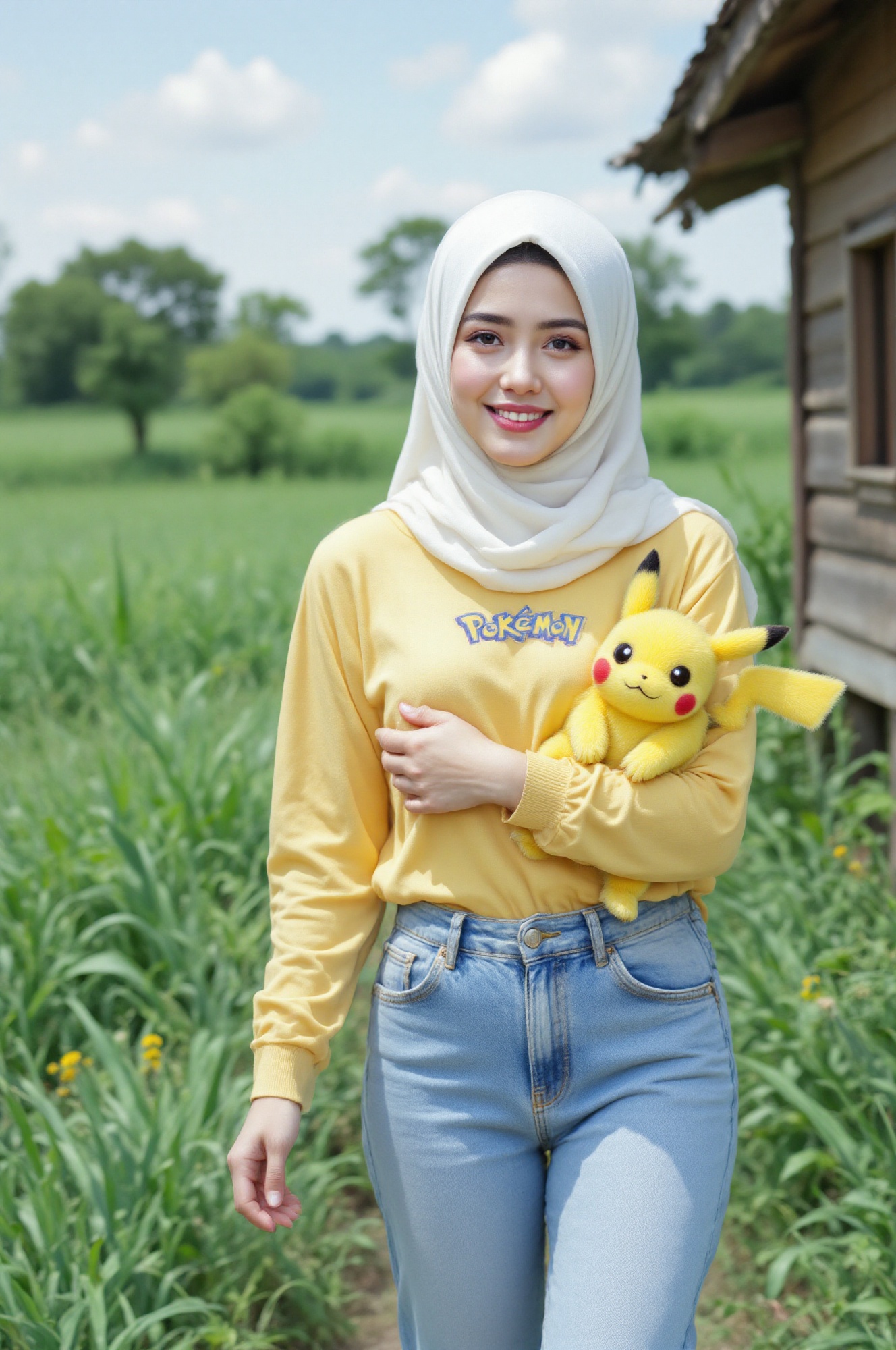 head portrait of a hijab Malay young woman carrying pikachu while walking on the pathway at the paddy field near a rustic...